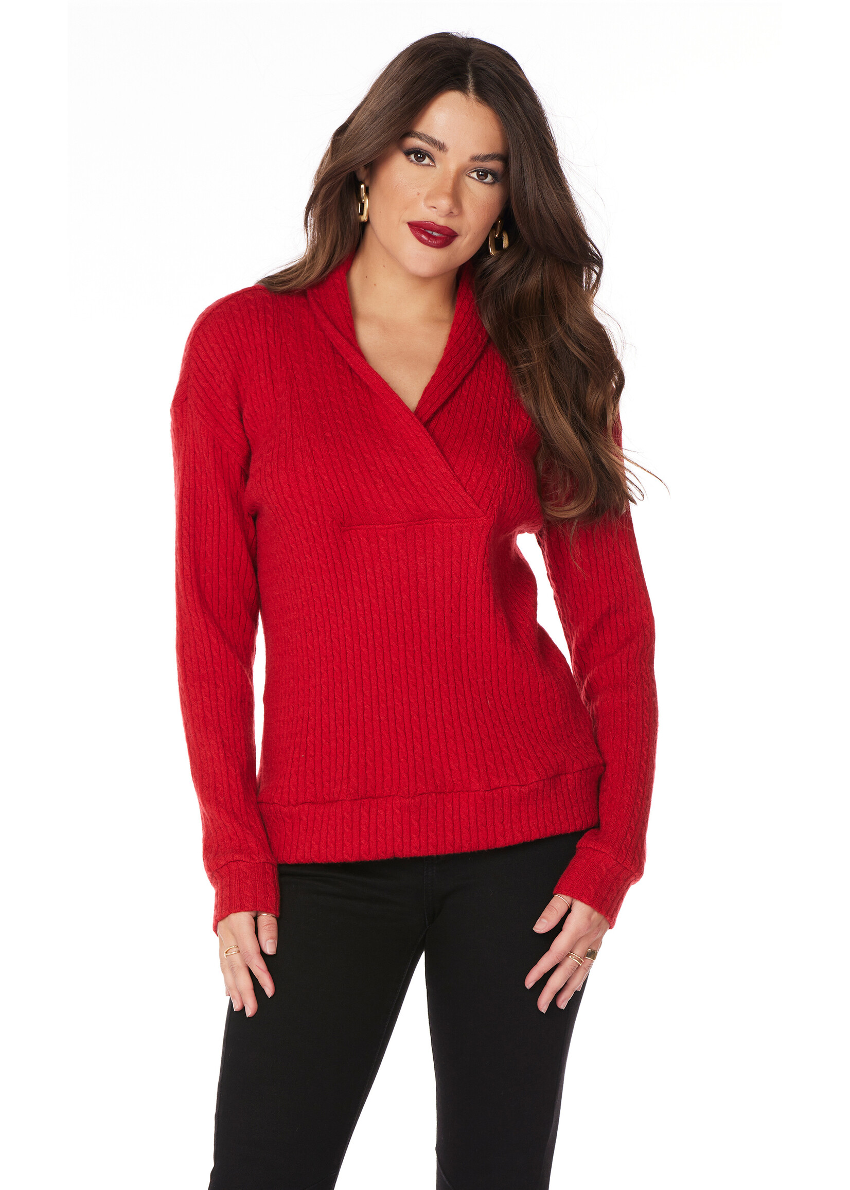 Shawl Cowl Cableknit Sweater Red