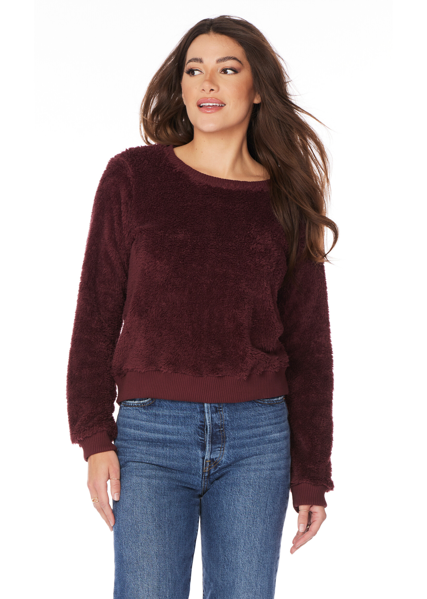 Ribbed Fuzzy Crewneck Pullover Wine
