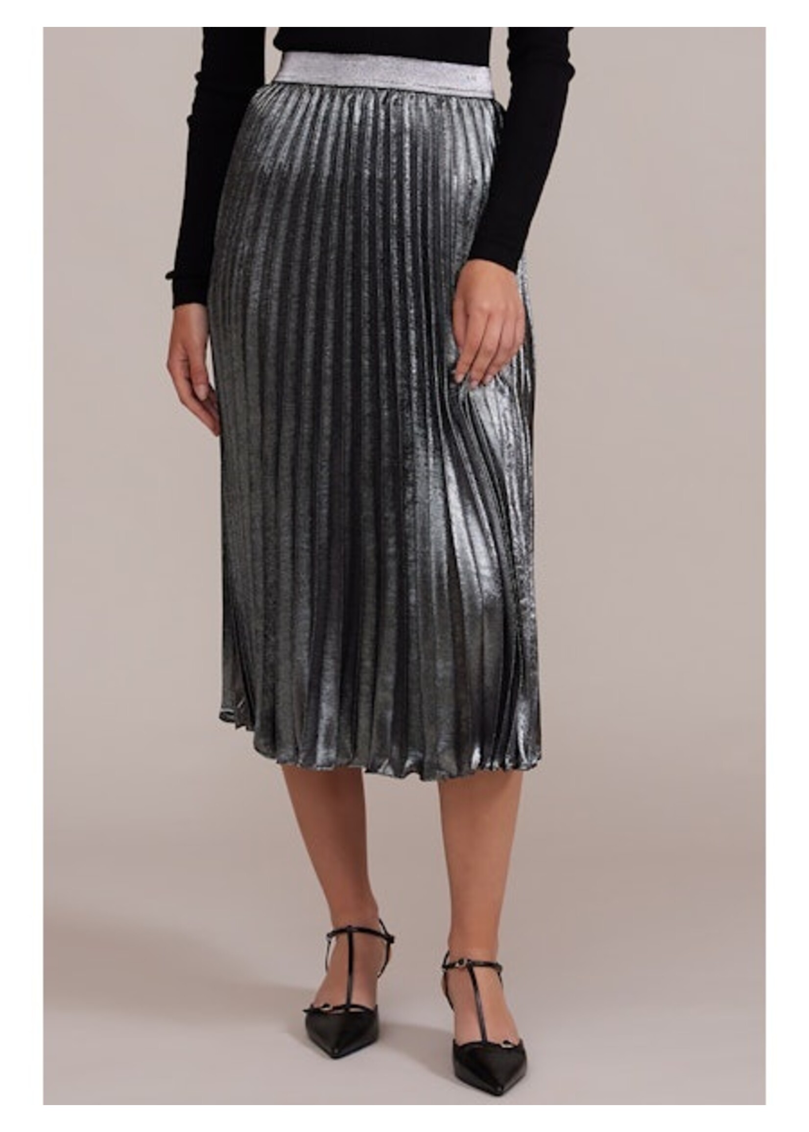Adeline Pleated Metallic Midi Skirt Charcoal