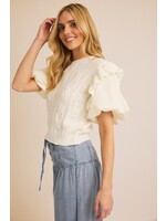 Knit Short Sleeve Sweater w/ Ruffle Sleeve Cream