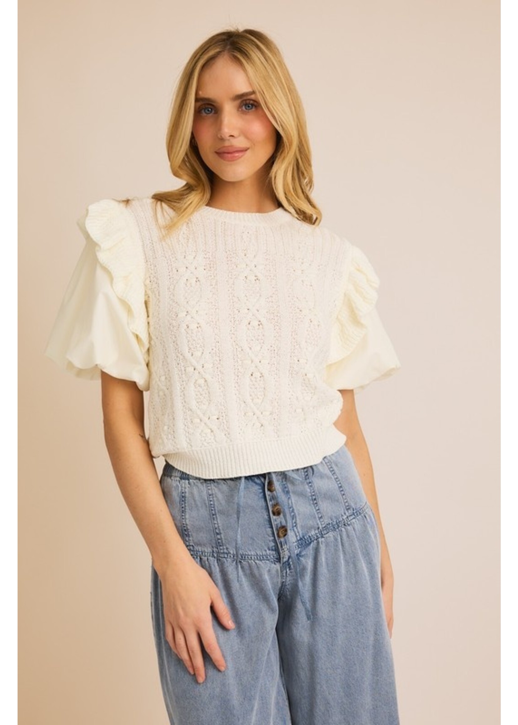 Knit Short Sleeve Sweater w/ Ruffle Sleeve Cream