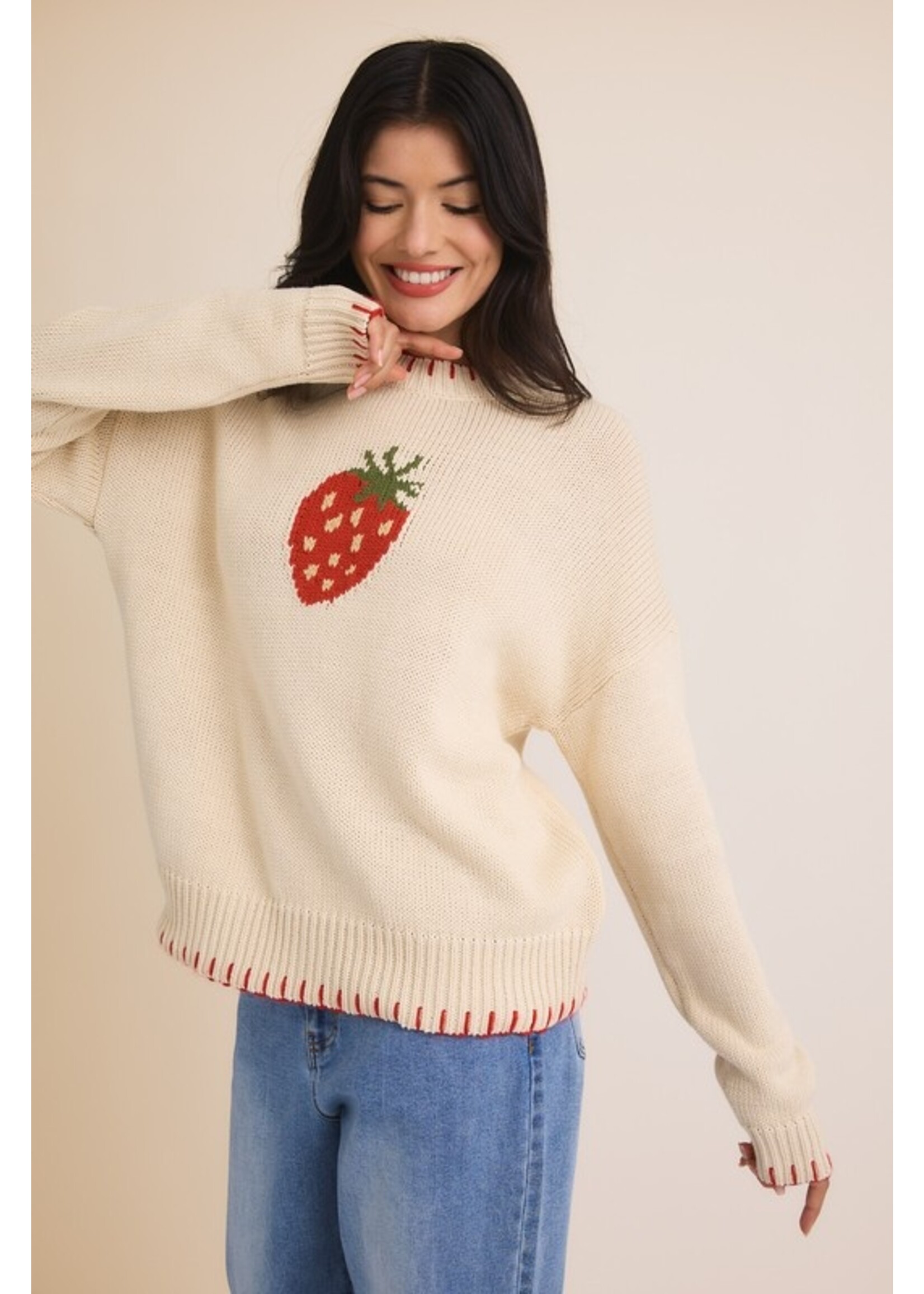 Strawberry Round Neck Sweater Cream