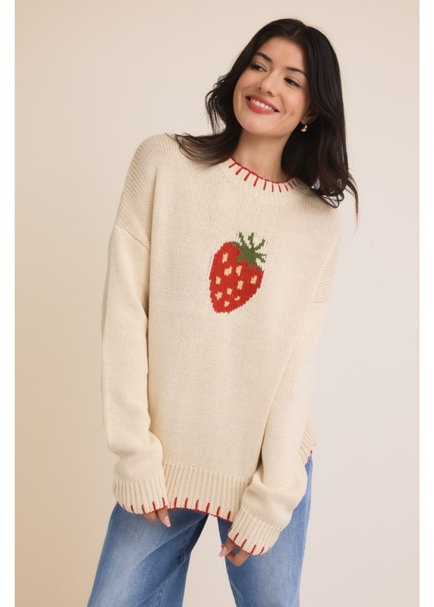 Strawberry Round Neck Sweater Cream