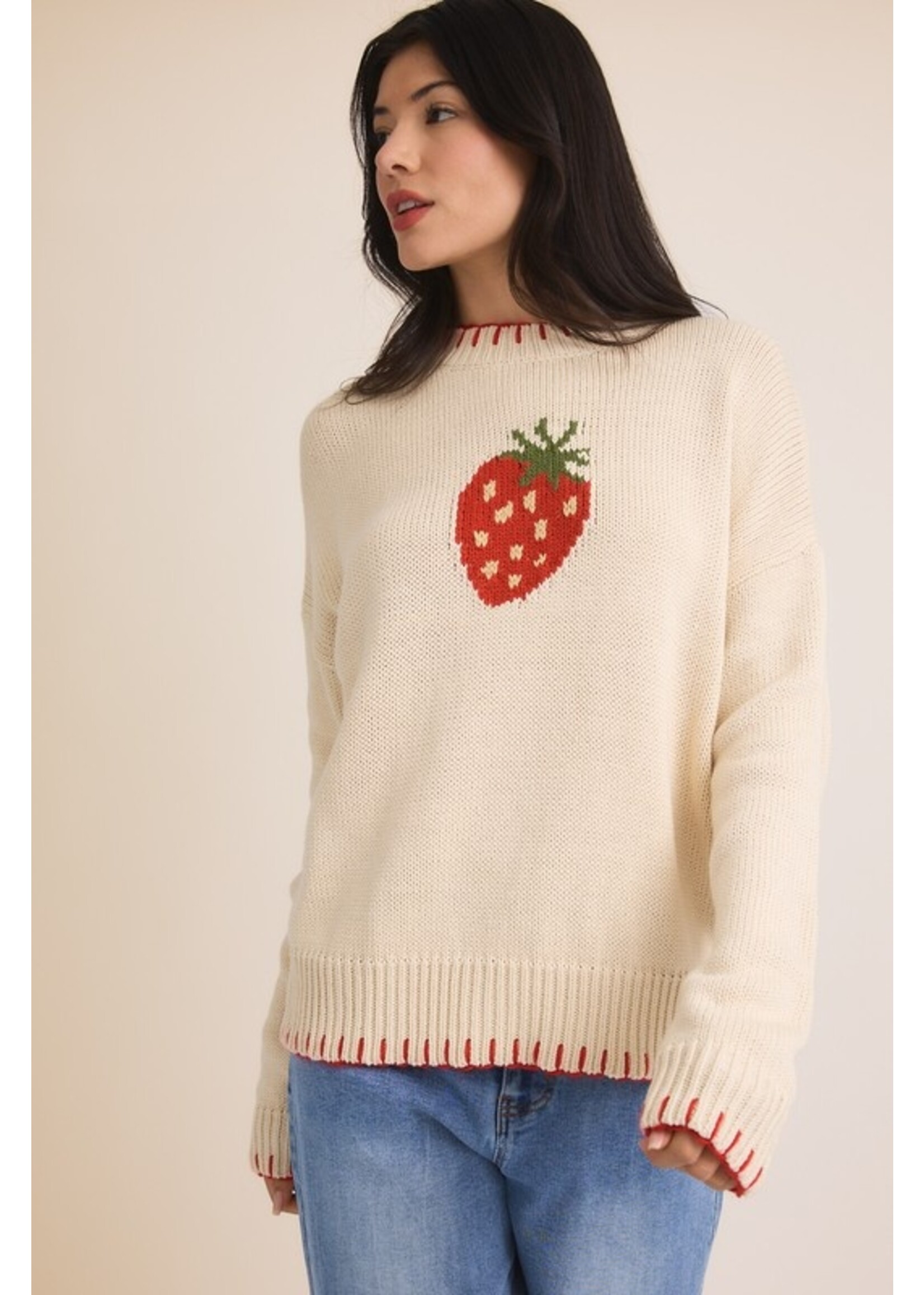 Strawberry Round Neck Sweater Cream