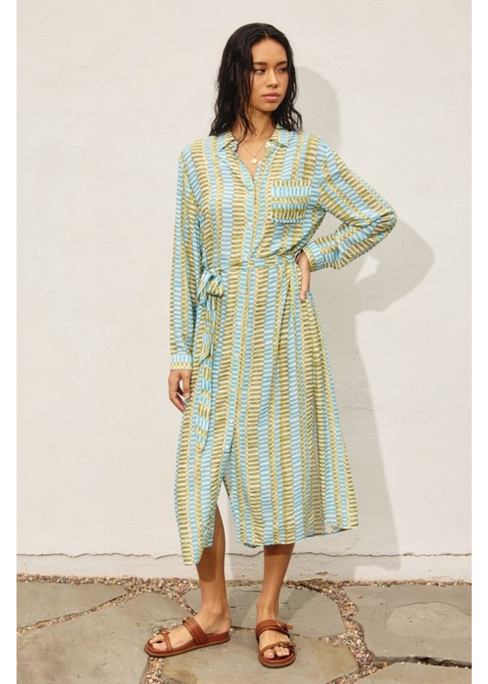 Morning Pages Longline Shirt Dress Green/Blue