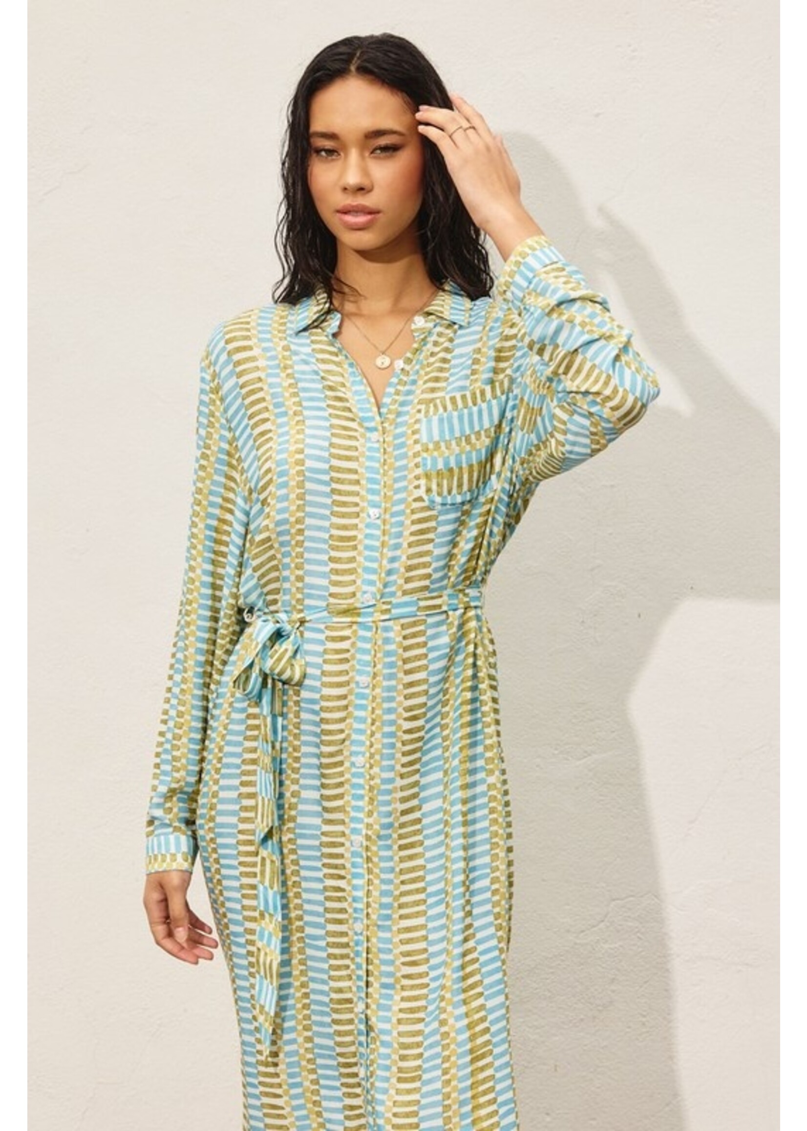 Morning Pages Longline Shirt Dress Green/Blue