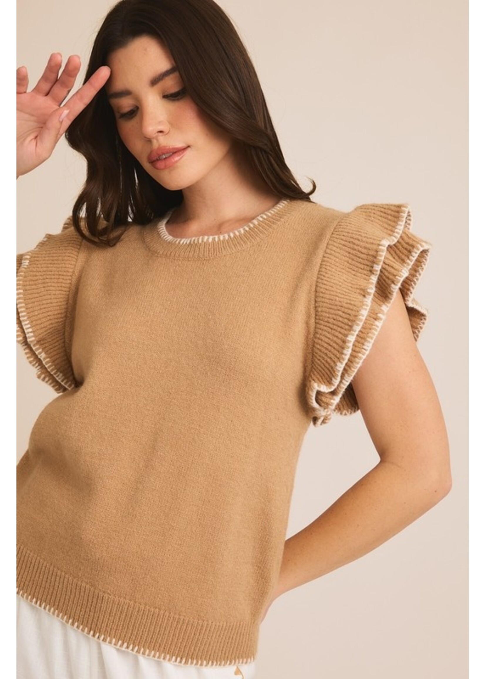 Ruffle Sleeve Stitch Detail Knit Top