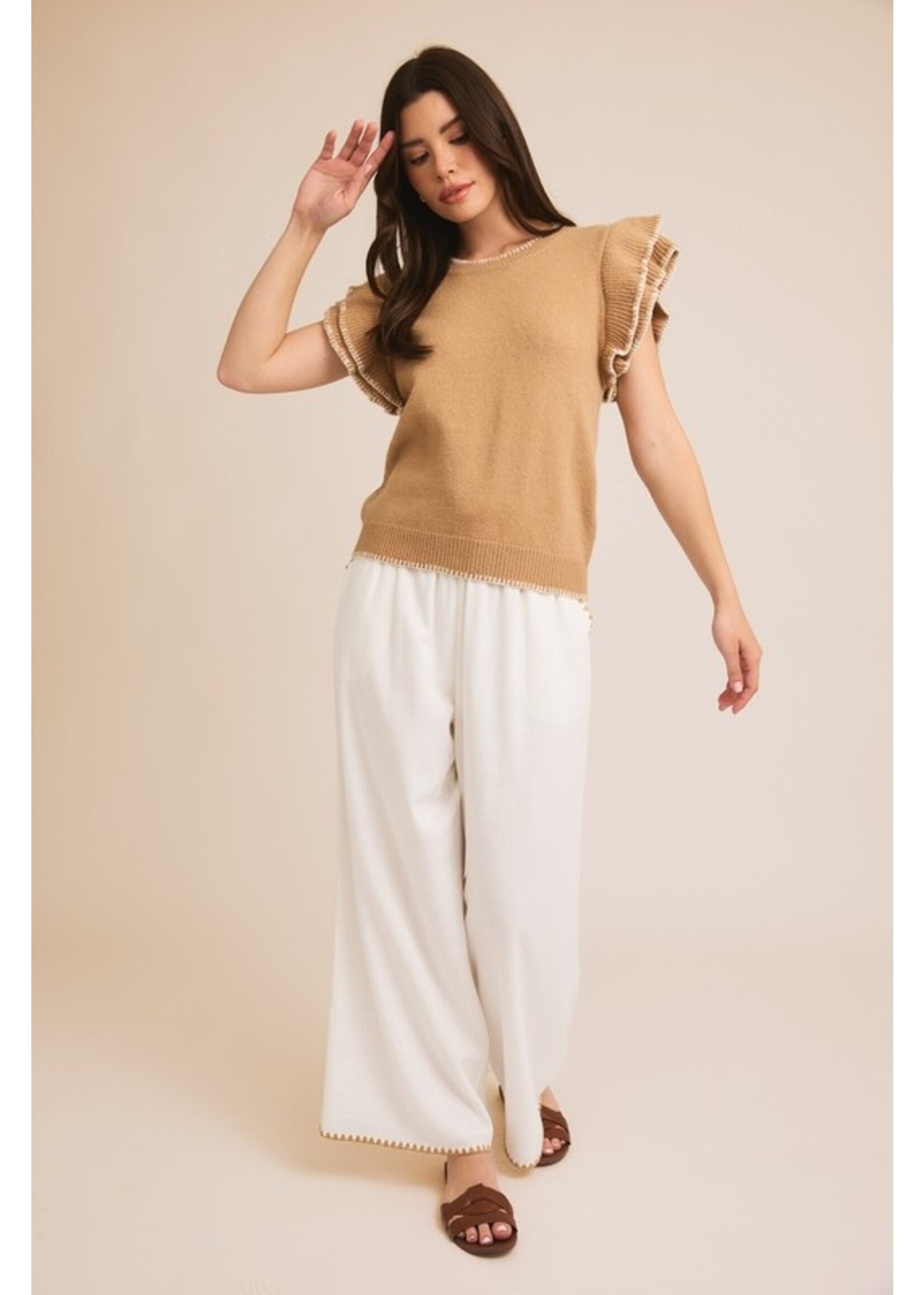 Ruffle Sleeve Stitch Detail Knit Top