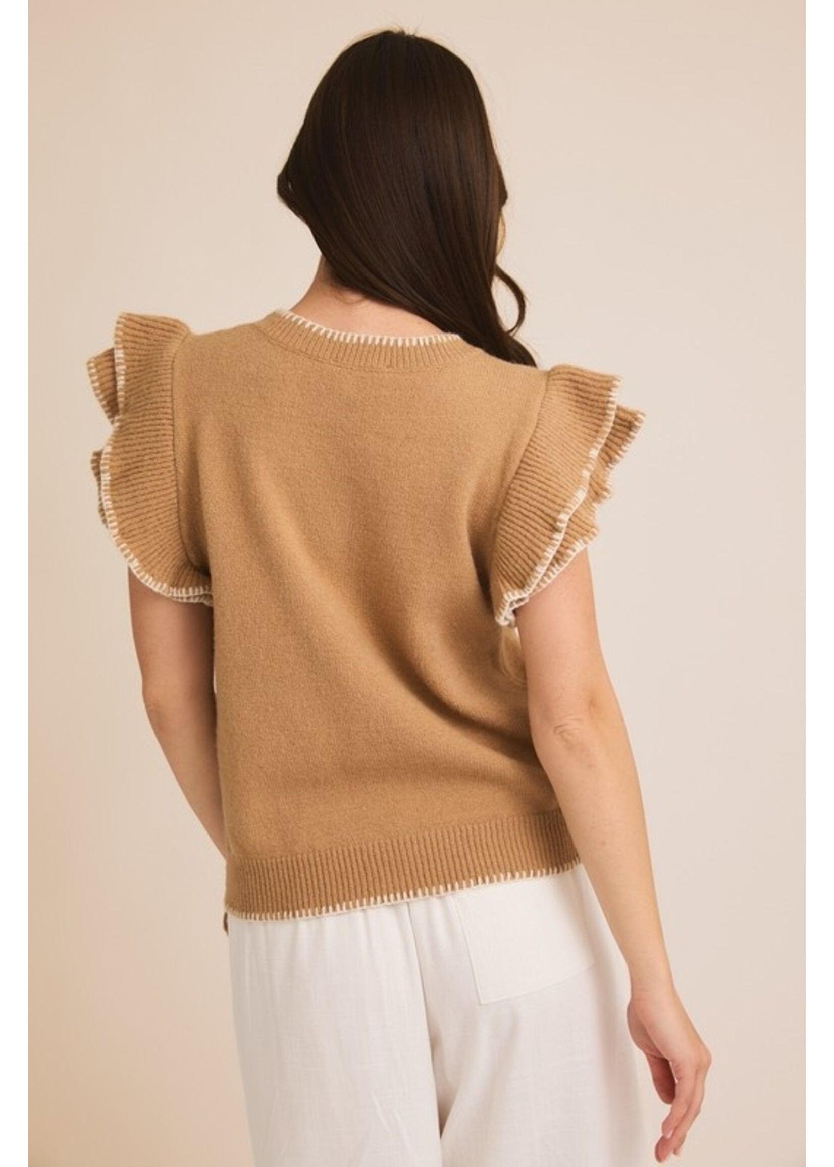 Ruffle Sleeve Stitch Detail Knit Top