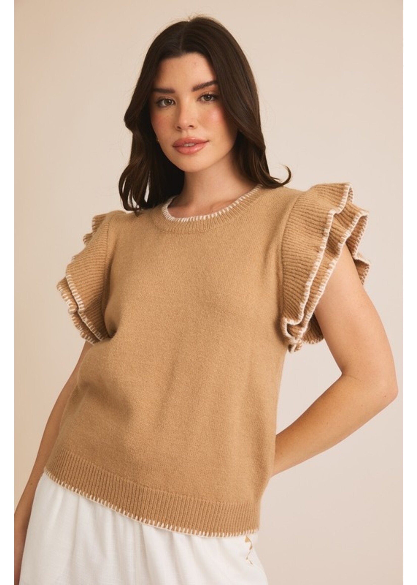 Ruffle Sleeve Stitch Detail Knit Top