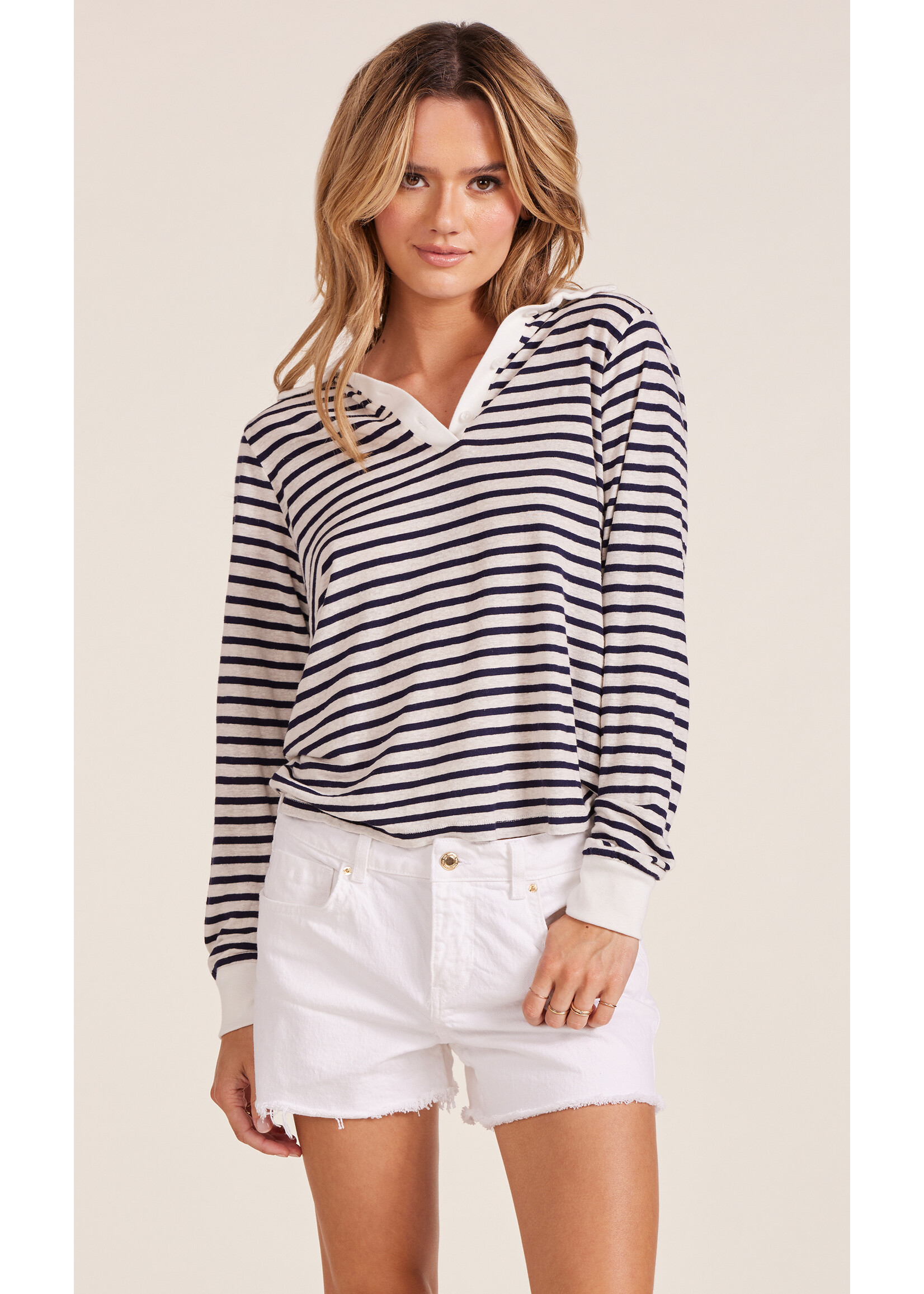 Terry Long Sleeve Stripe Polo Navy
