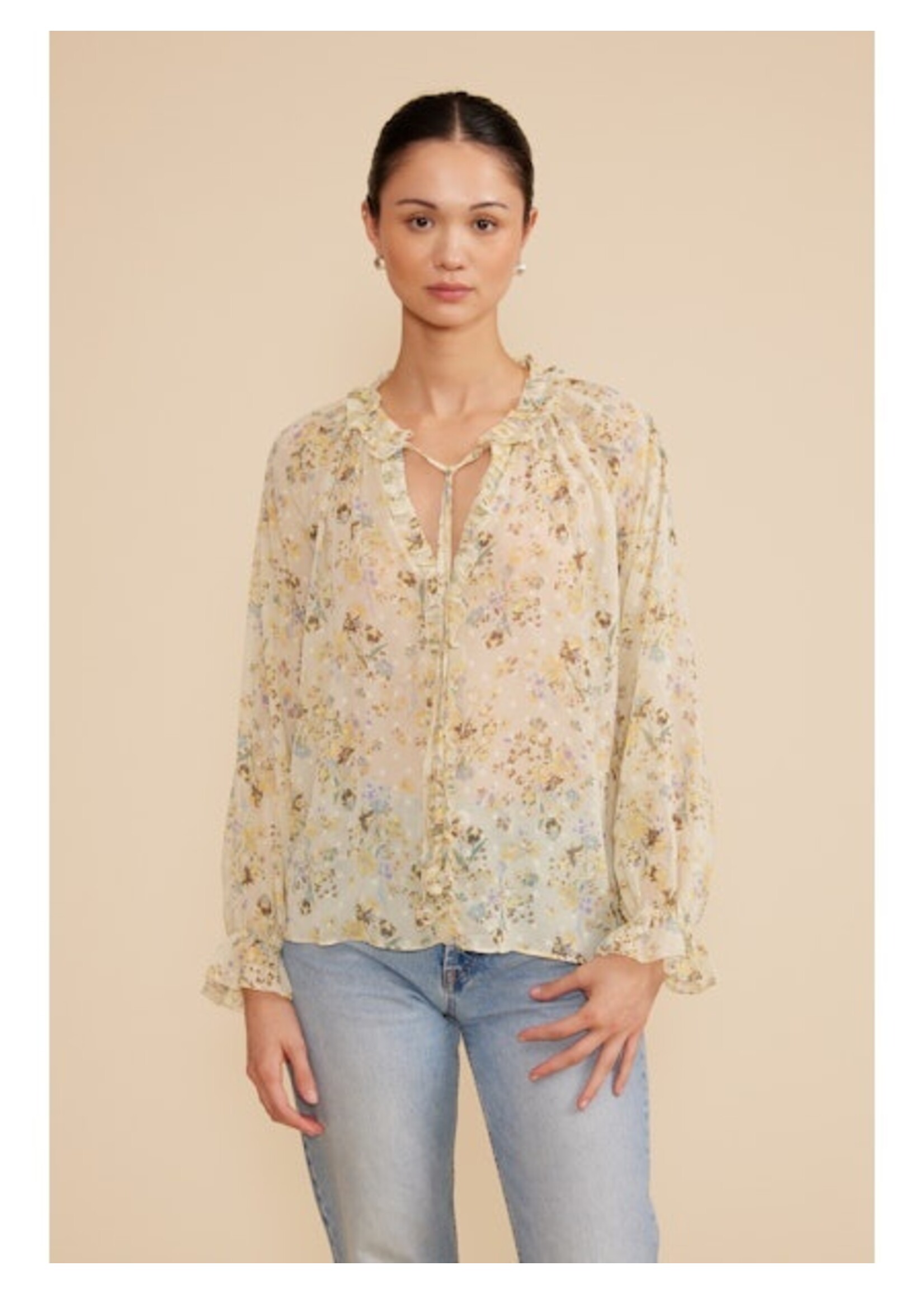 Keiko Long Sleeve Pleated Floral Blouse Yellow
