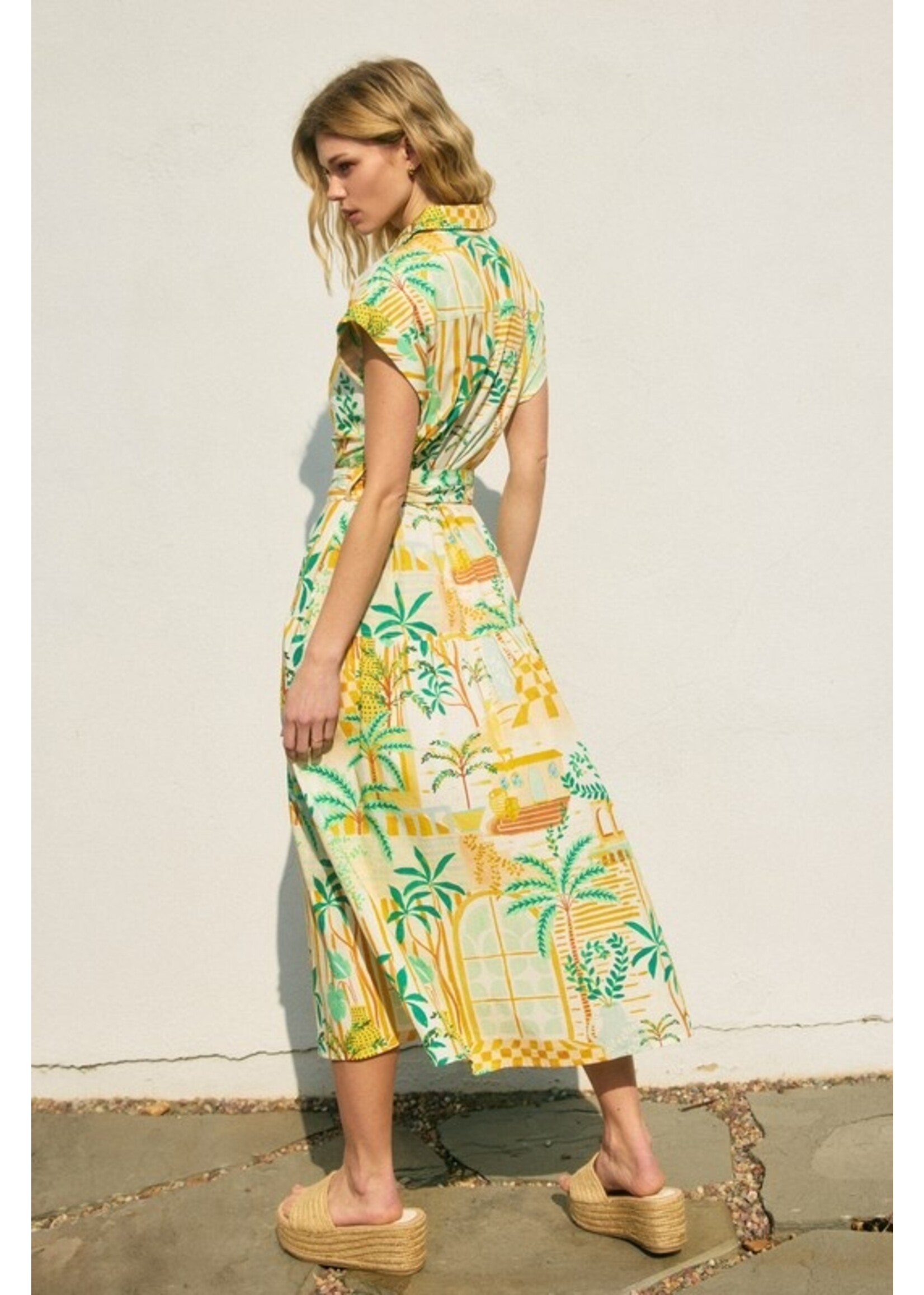 Dance in the Sand Belted Shirt Dress Green/Yellow