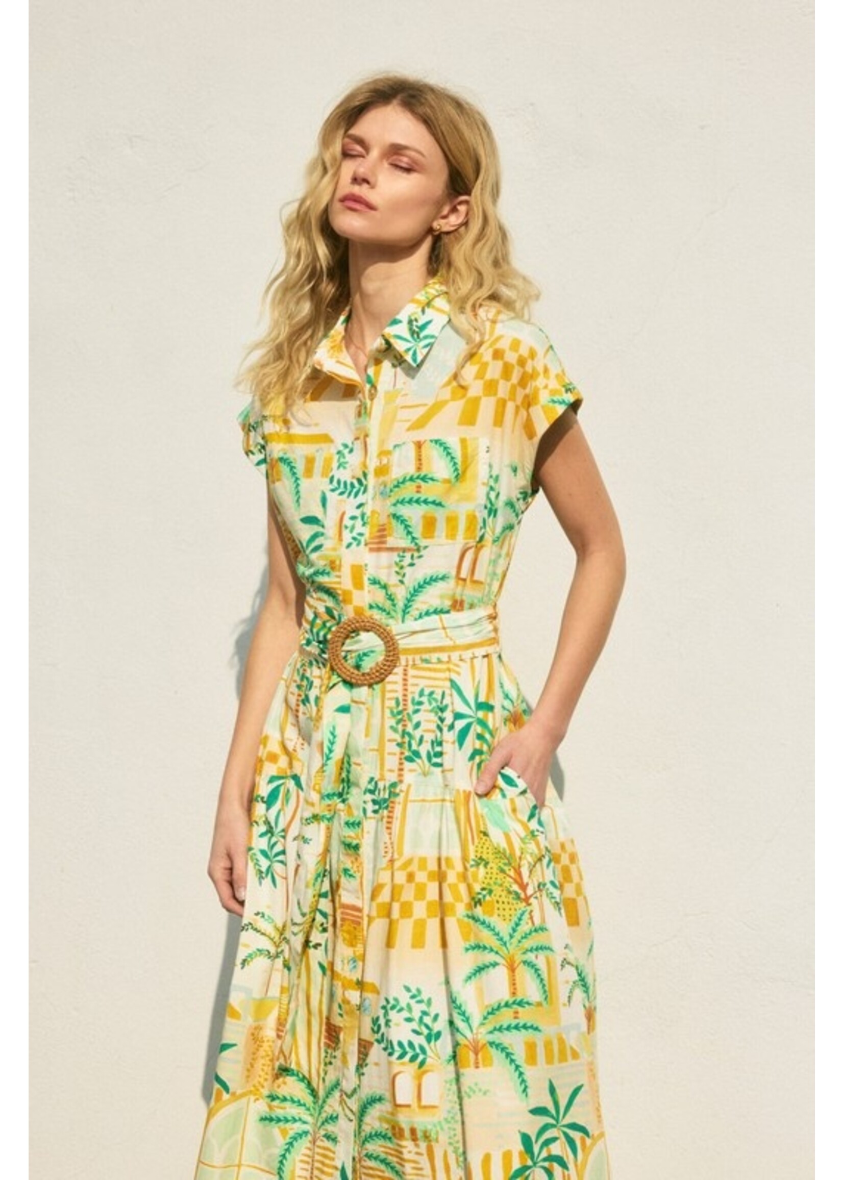 Dance in the Sand Belted Shirt Dress Green/Yellow
