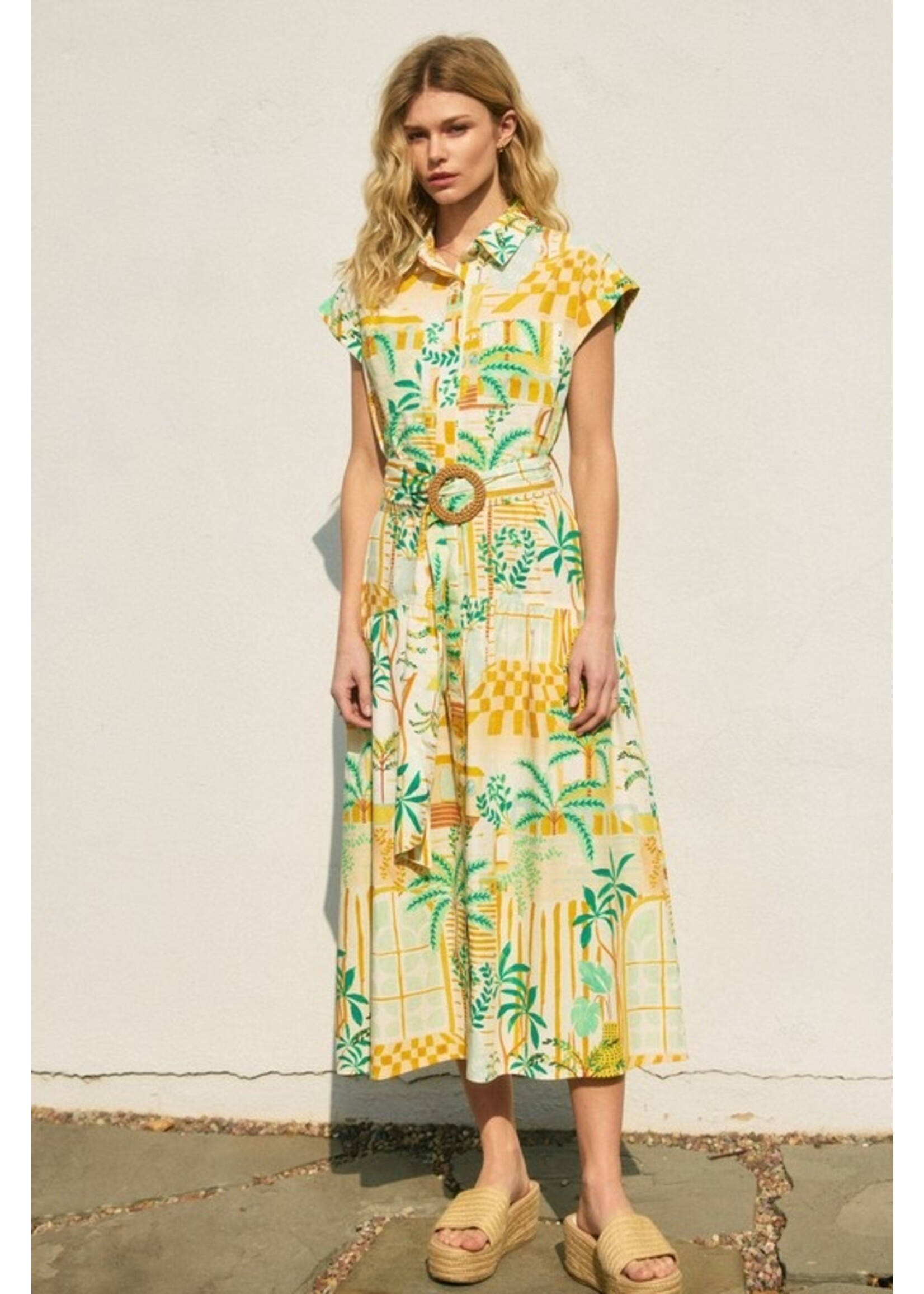 Dance in the Sand Belted Shirt Dress Green/Yellow