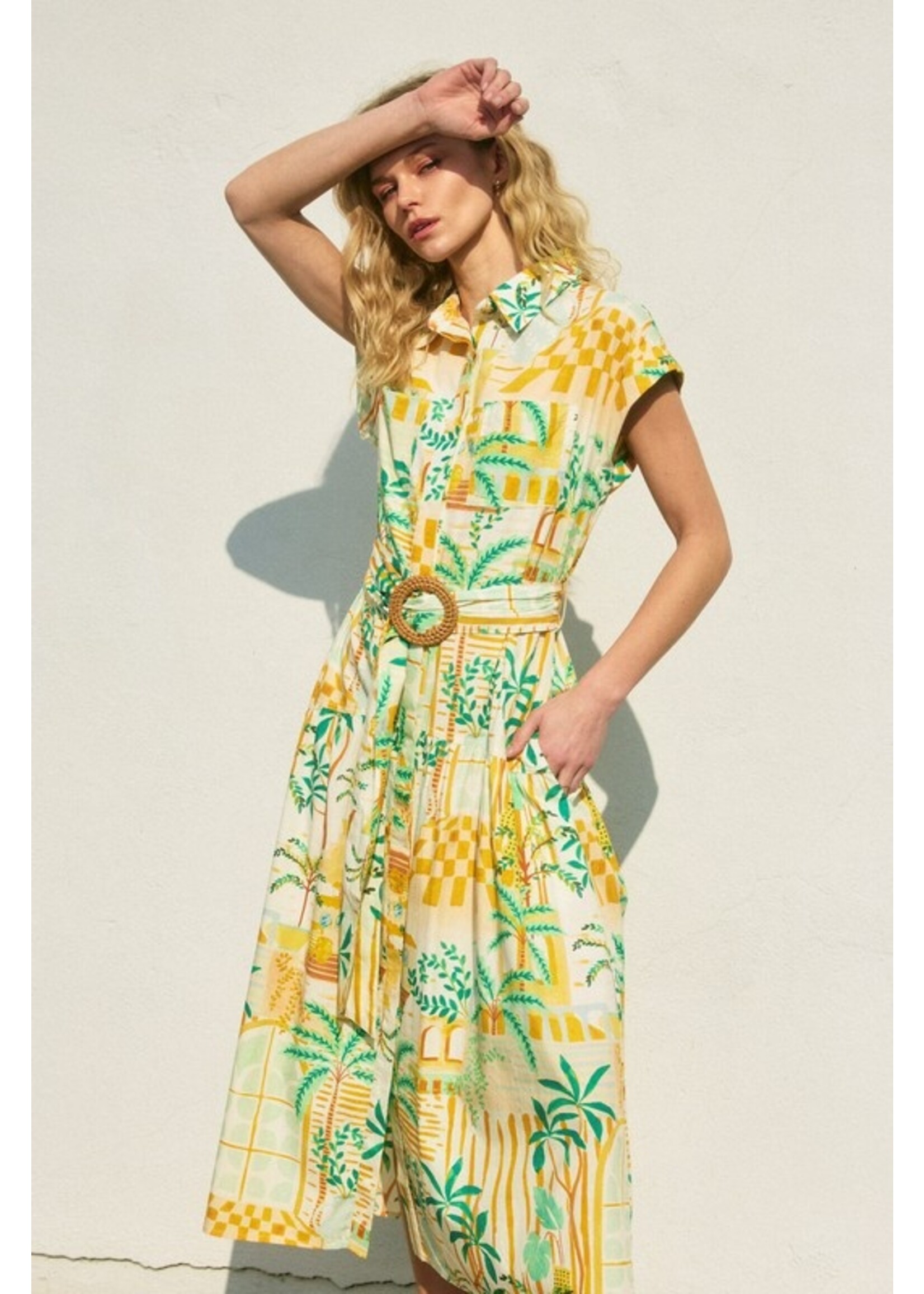 Dance in the Sand Belted Shirt Dress Green/Yellow