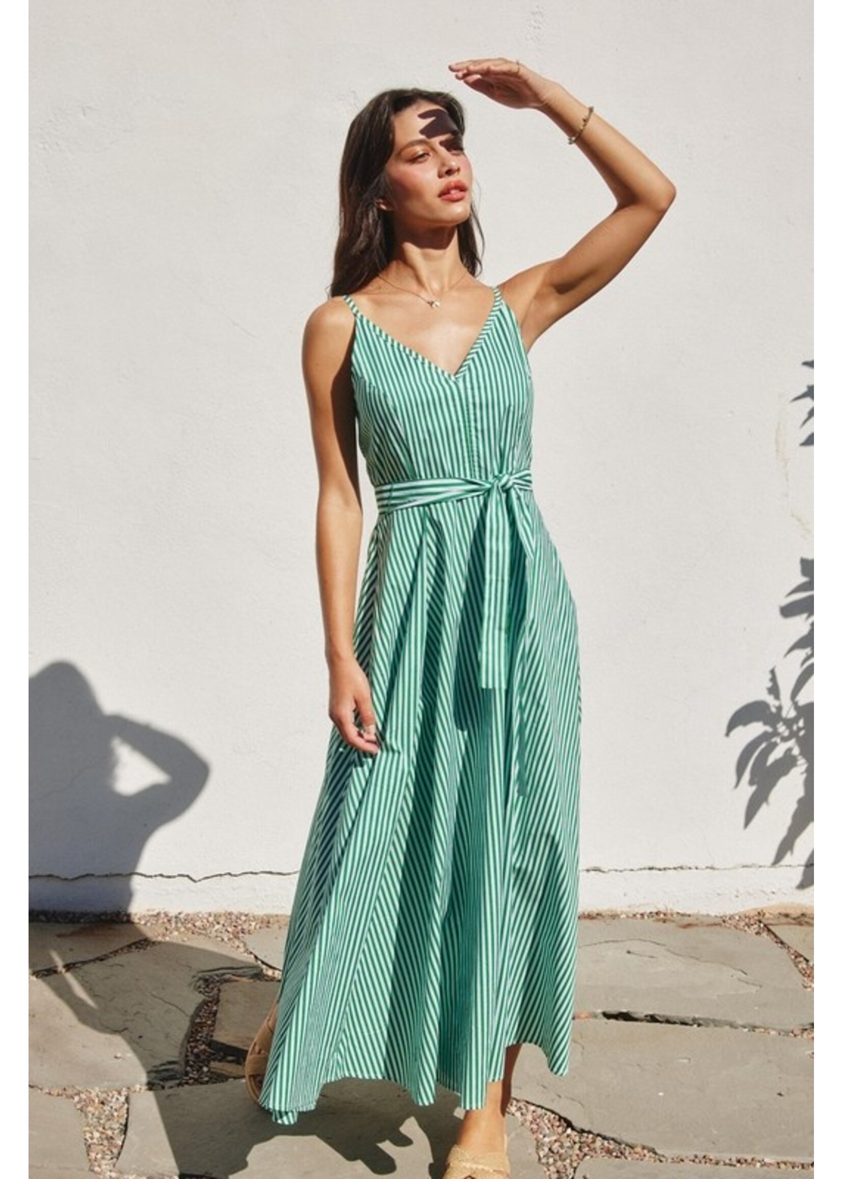 Striped Plunging Fit & Flare Dress Green