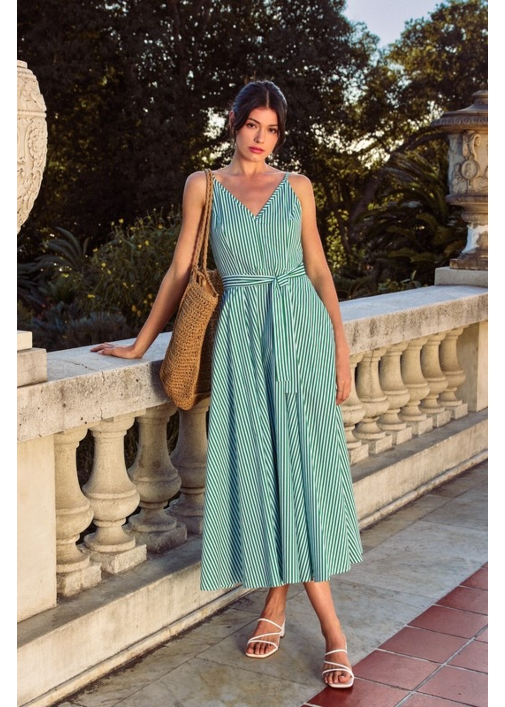 Striped Plunging Fit & Flare Dress Green