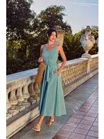 Striped Plunging Fit & Flare Dress Green