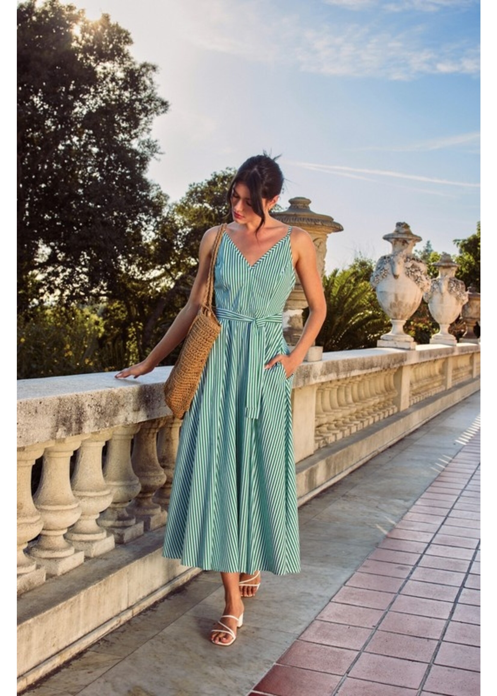 Striped Plunging Fit & Flare Dress Green