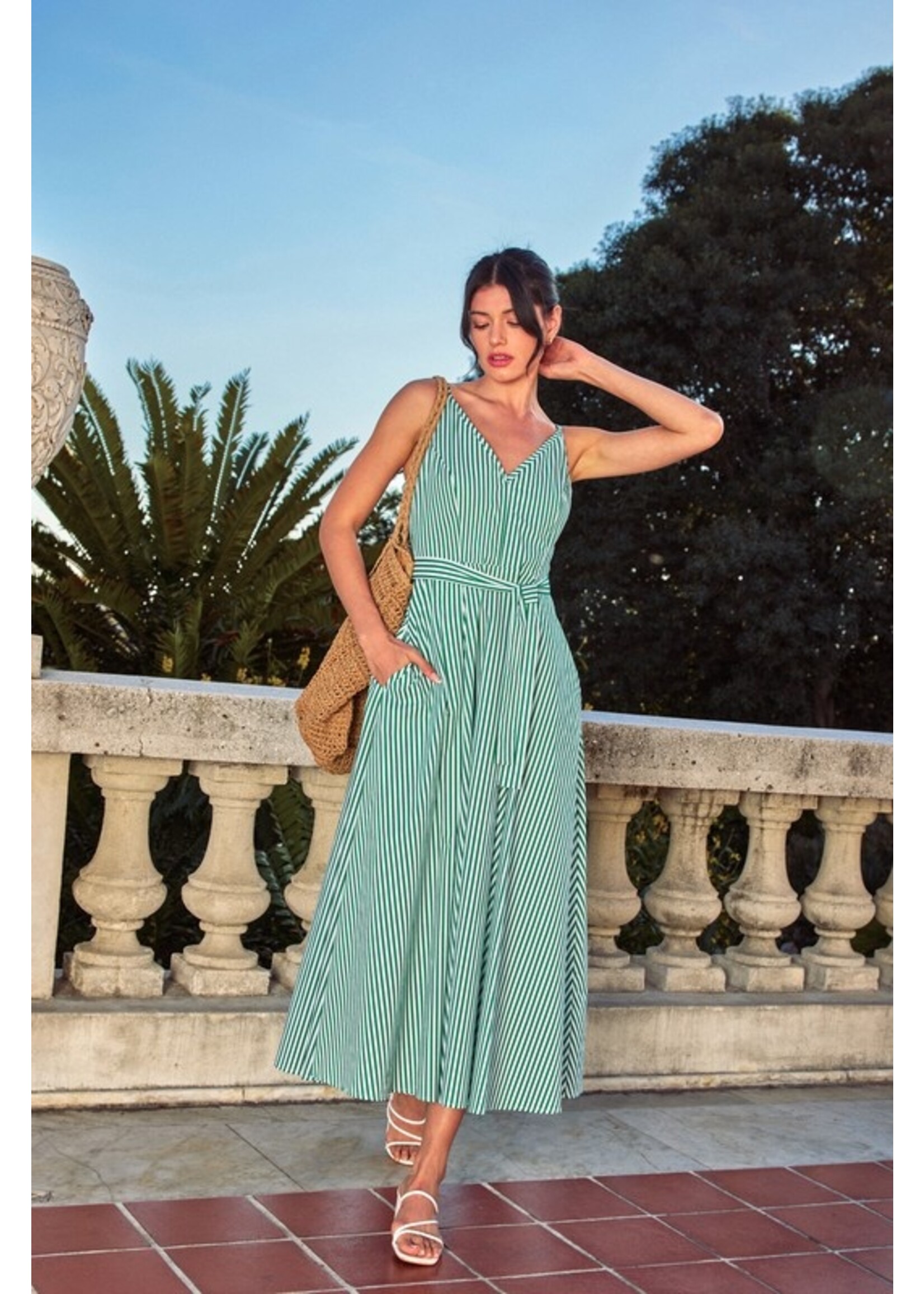 Striped Plunging Fit & Flare Dress Green