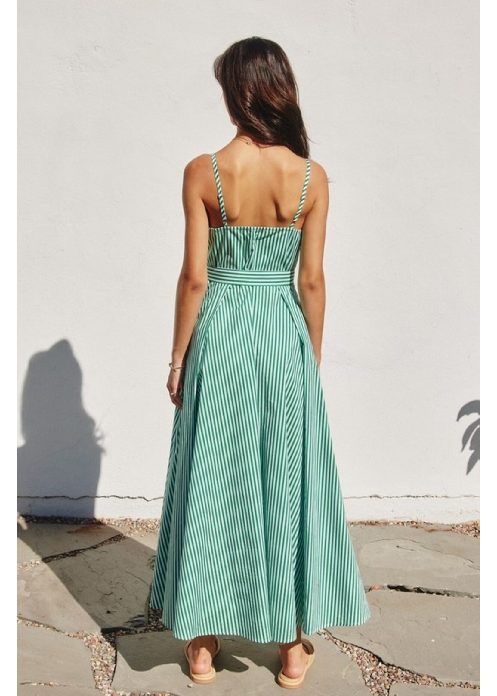 Striped Plunging Fit & Flare Dress Green