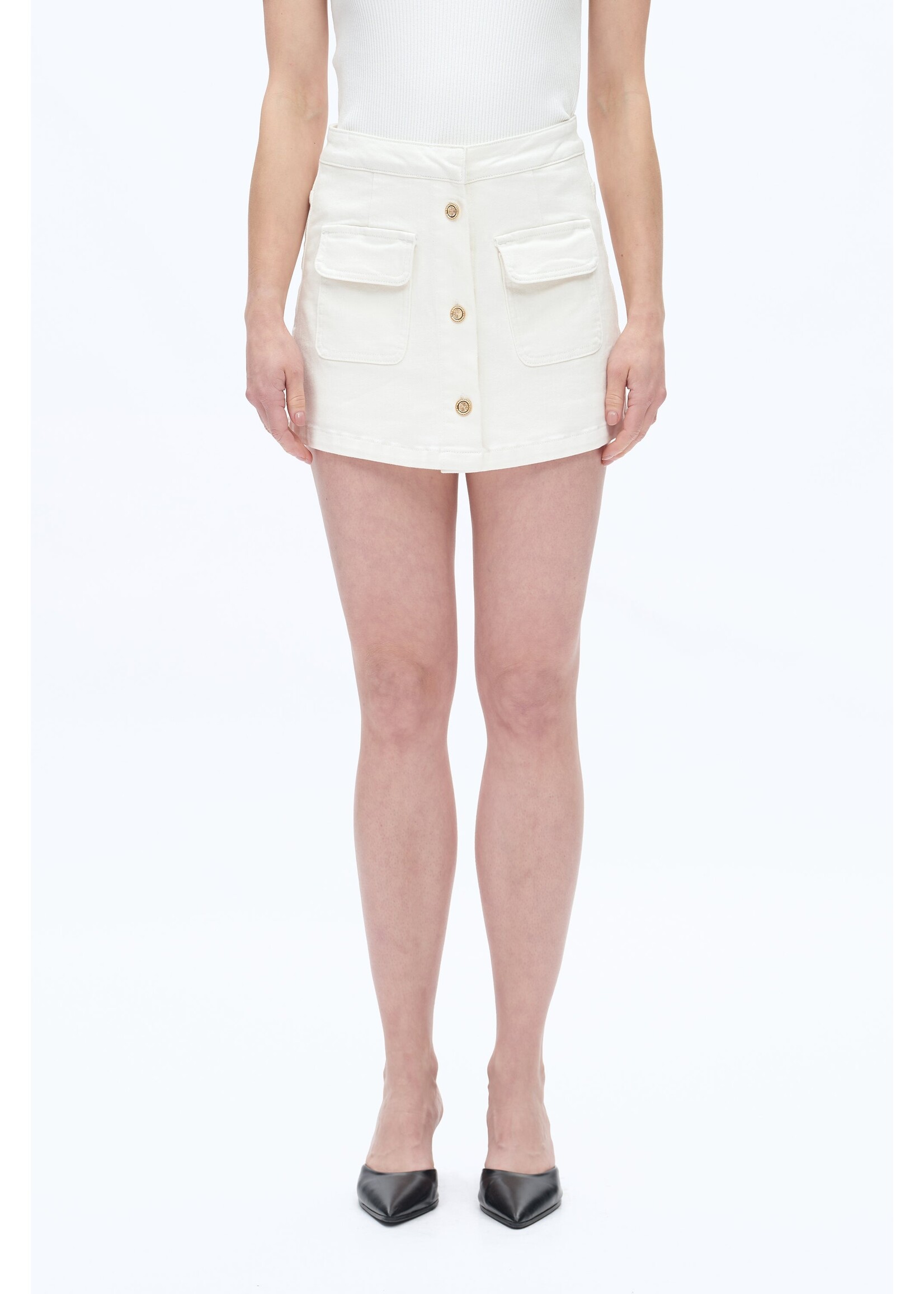 Barb HR Denim Skort w/ Gold Buttons White