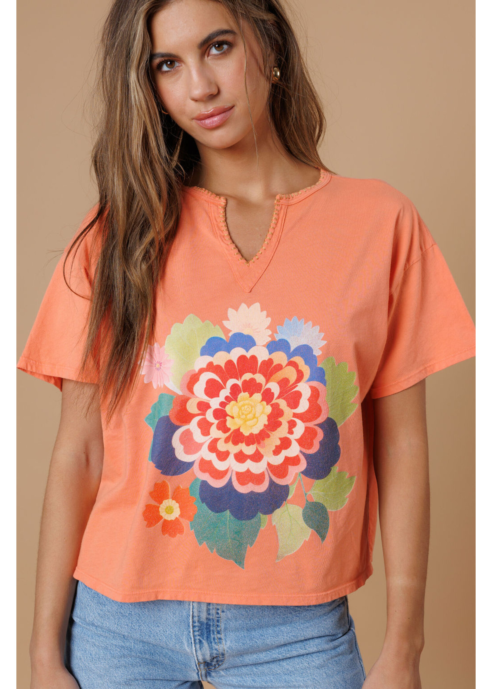 All Us Big Bloom Split Neck Tee Orange