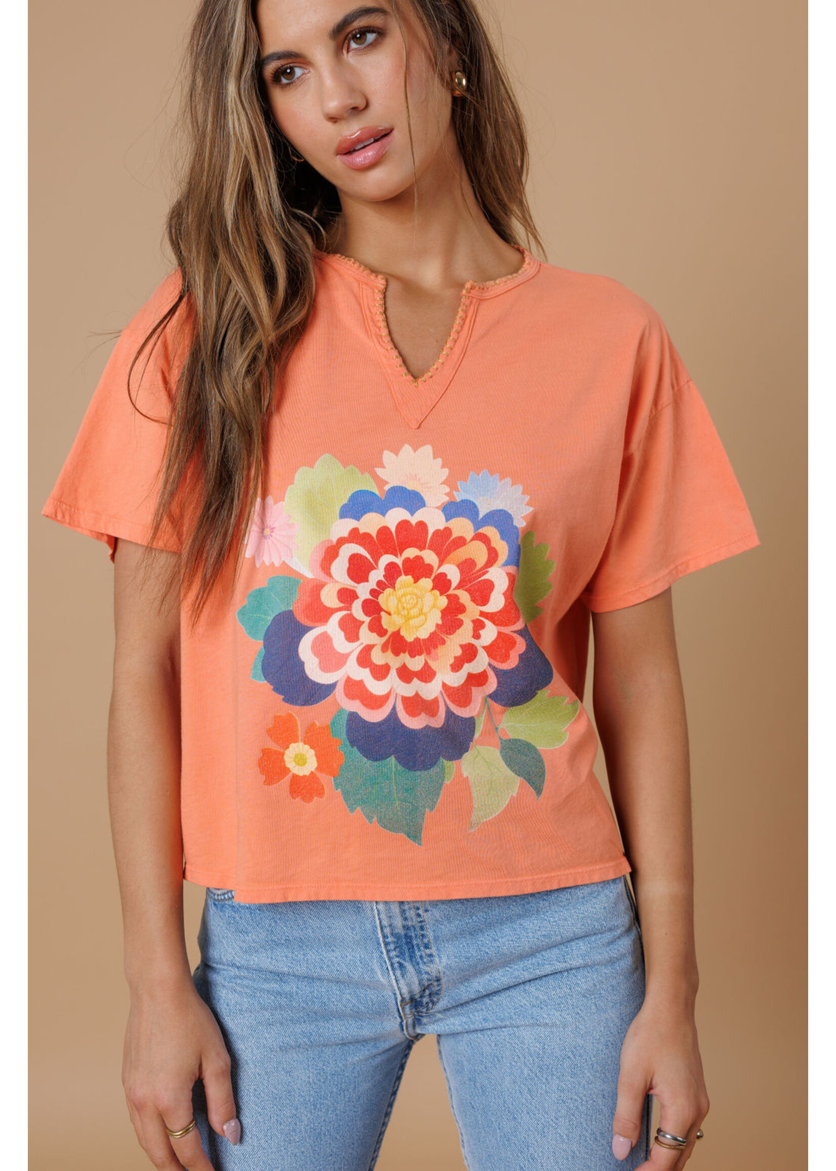 All Us Big Bloom Split Neck Tee Orange