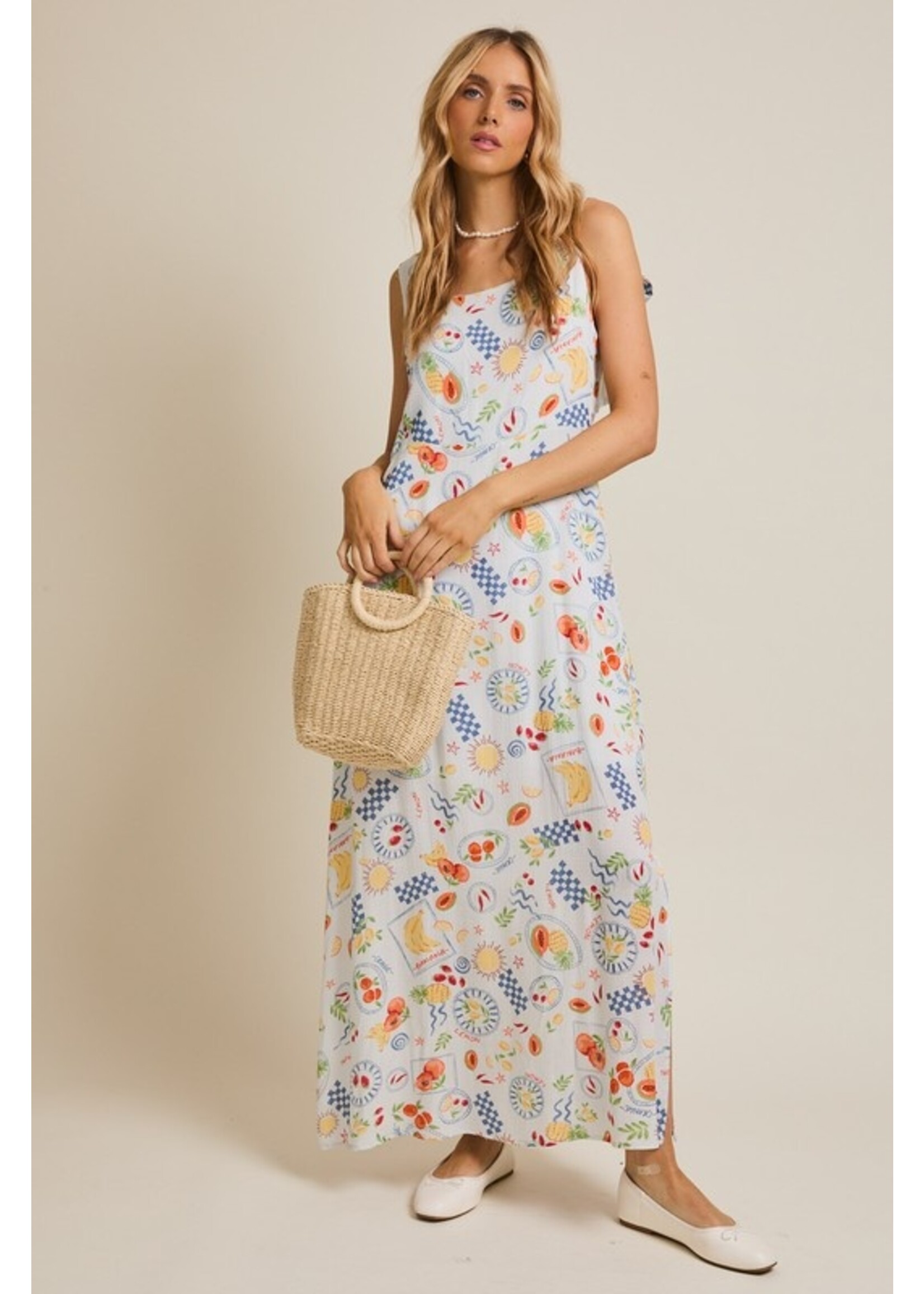 Summer Fruit Sleeveless Midi Dress Blue