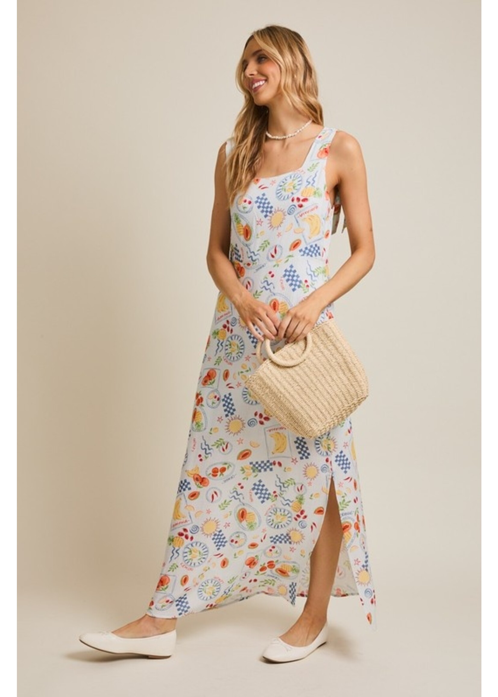 Summer Fruit Sleeveless Midi Dress Blue