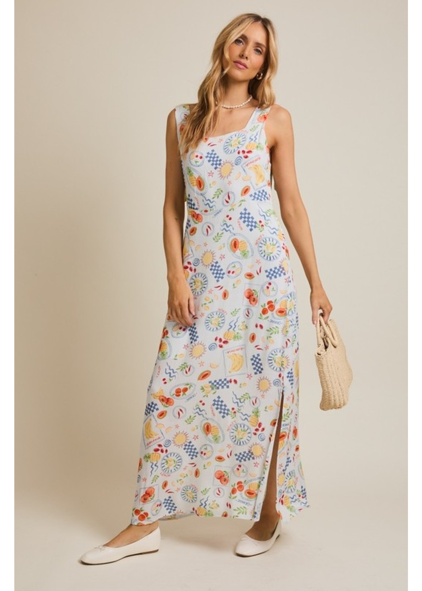 Summer Fruit Sleeveless Midi Dress Blue