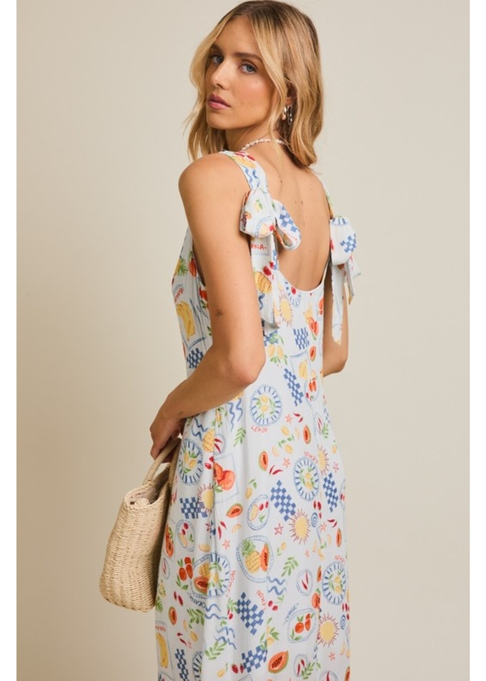 Summer Fruit Sleeveless Midi Dress Blue