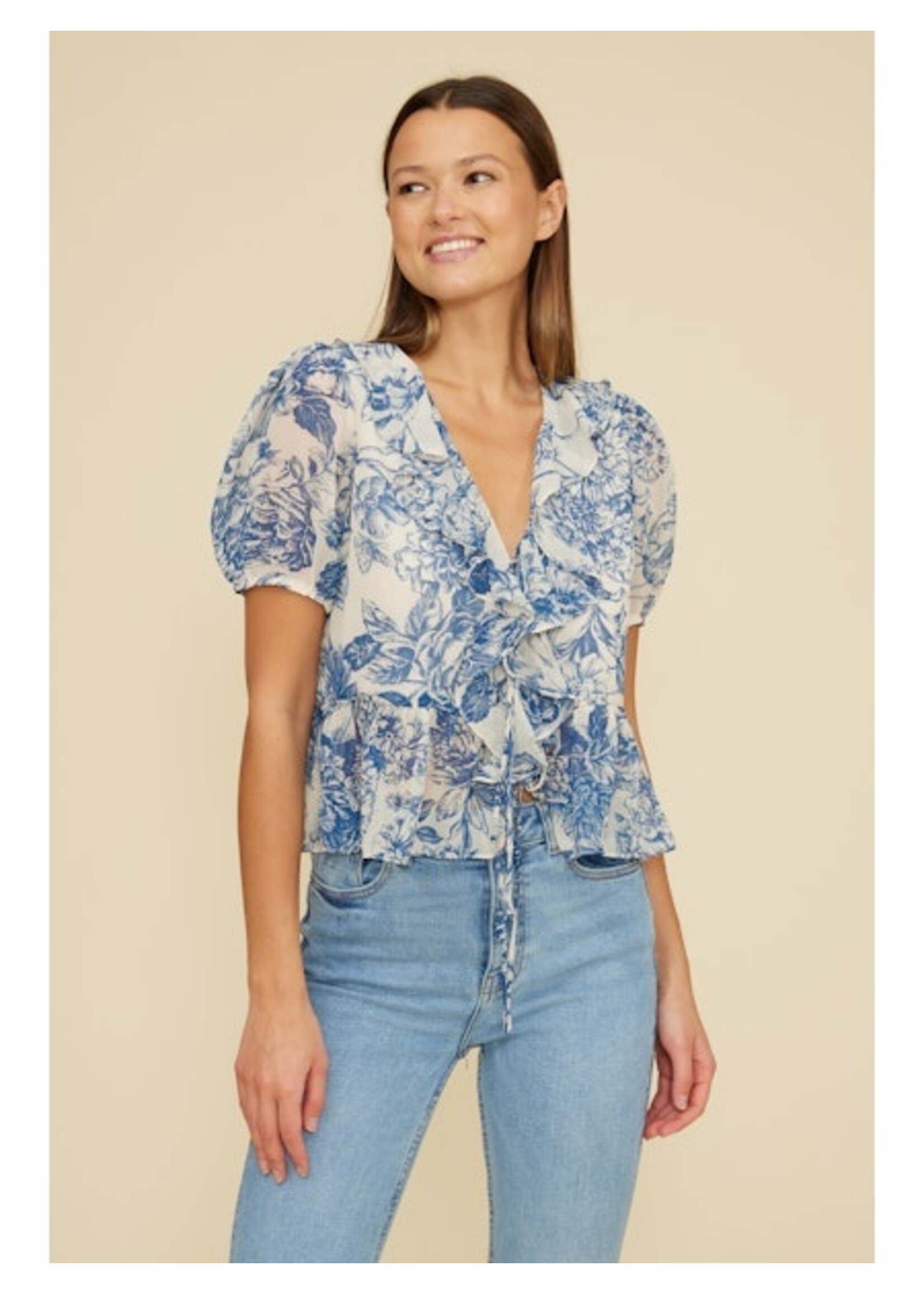 Bee Ruffle Short Sleeve Top Blue Floral