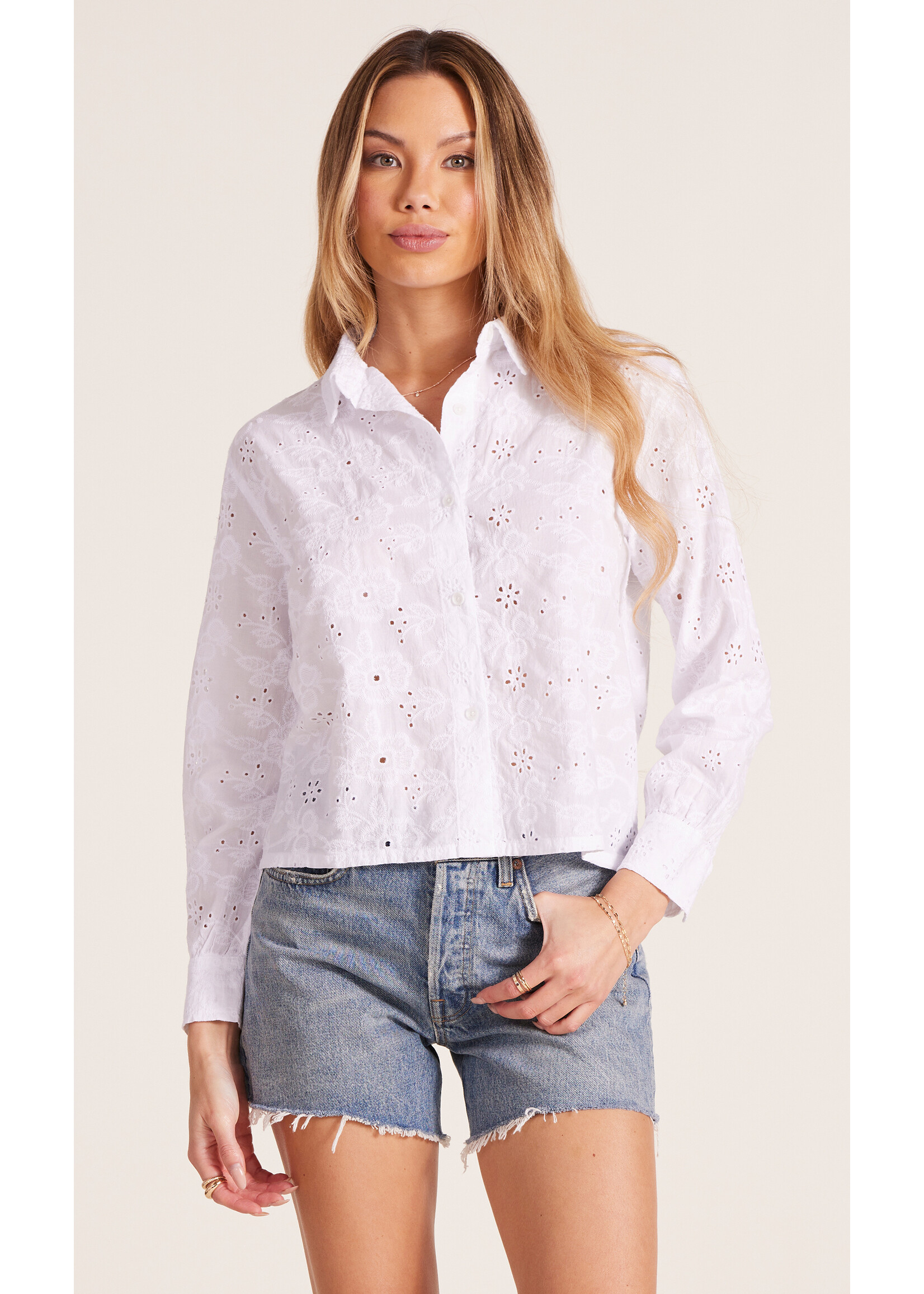 Cropped Button Front Long Sleeve Top White