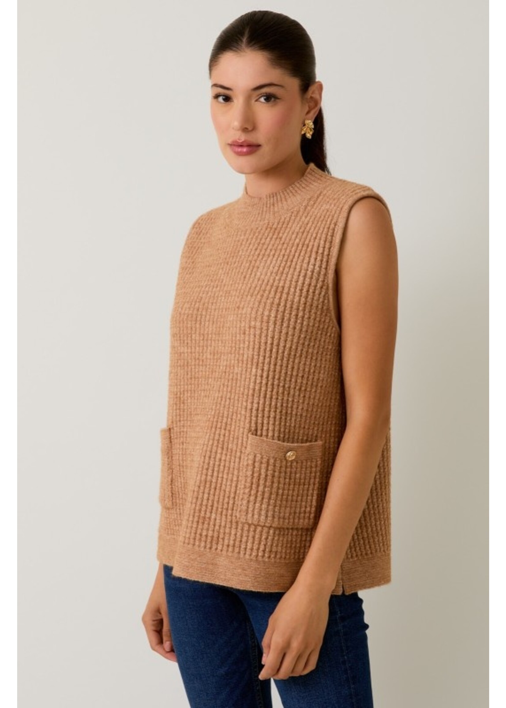 Pocket w/ Gold Buttons Sweater Vest Beige