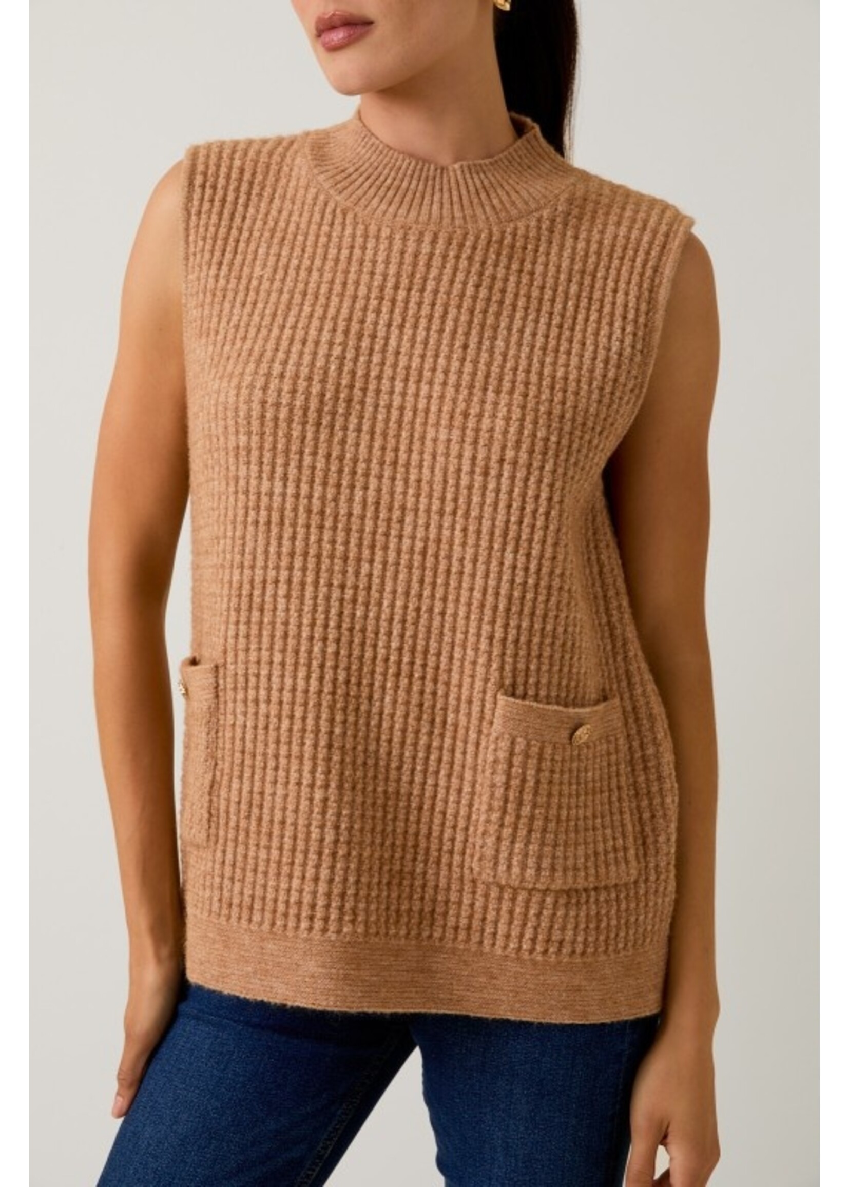 Pocket w/ Gold Buttons Sweater Vest Beige