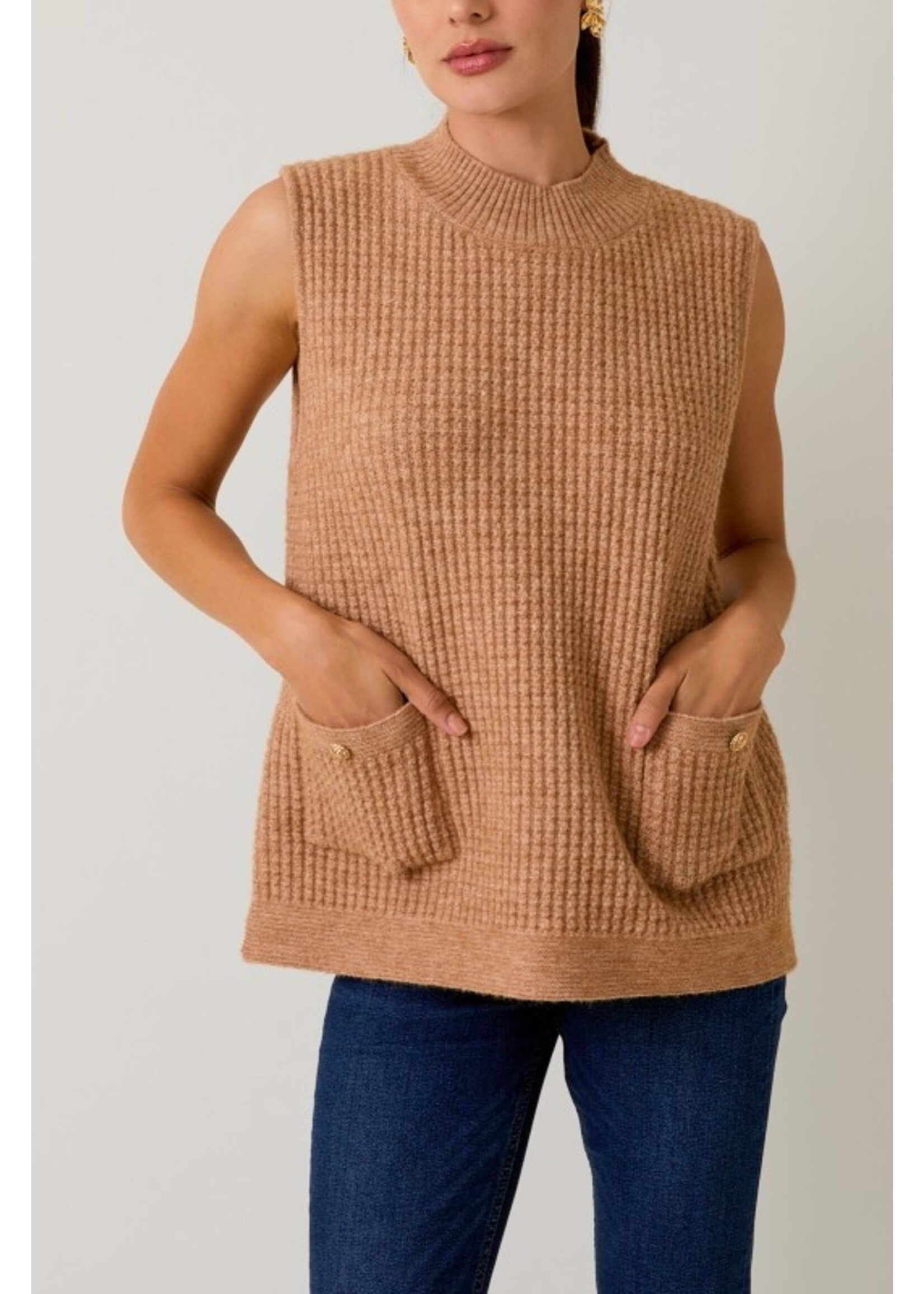 Pocket w/ Gold Buttons Sweater Vest Beige