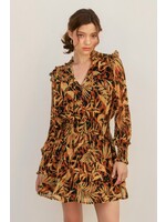 Palm Trees Shirred Waist Mini Dress Orange/Navy