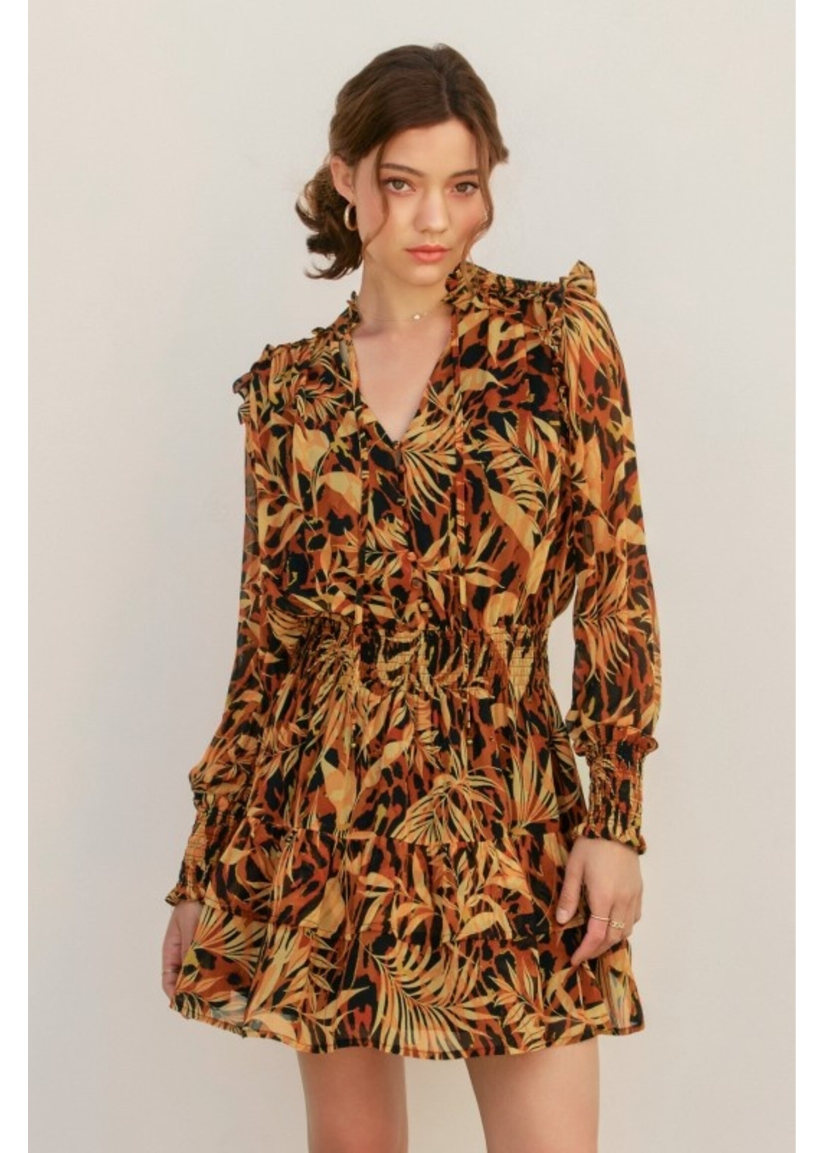 Palm Trees Shirred Waist Mini Dress Orange/Navy
