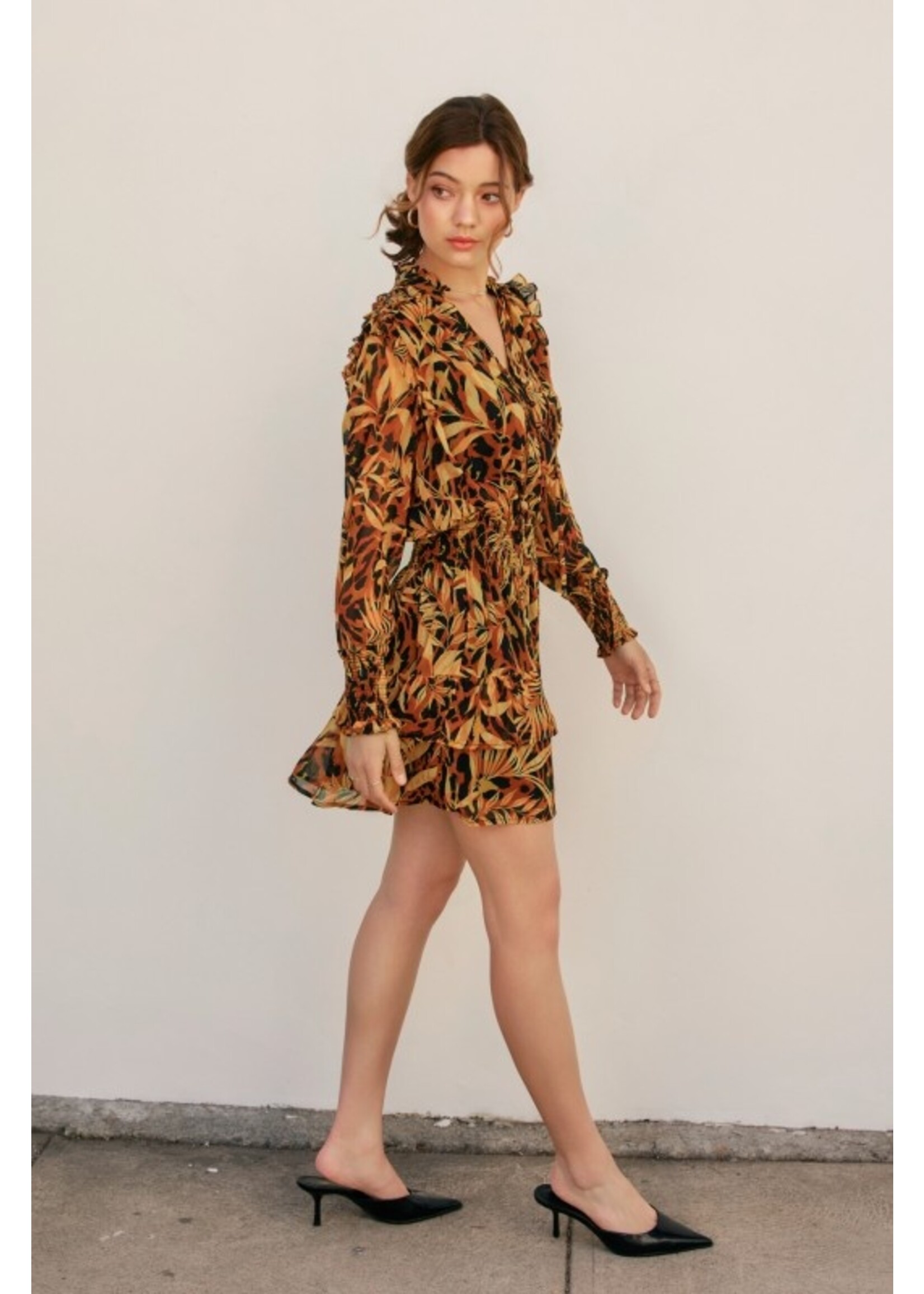 Palm Trees Shirred Waist Mini Dress Orange/Navy