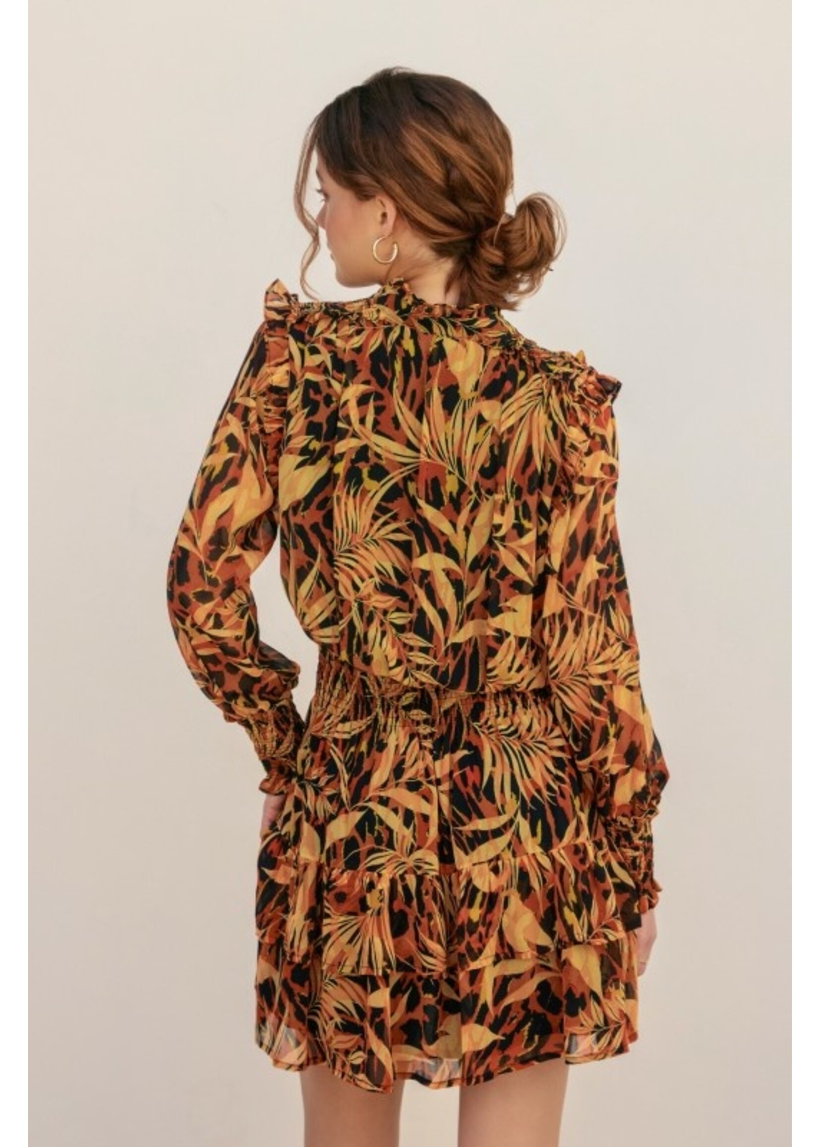 Palm Trees Shirred Waist Mini Dress Orange/Navy