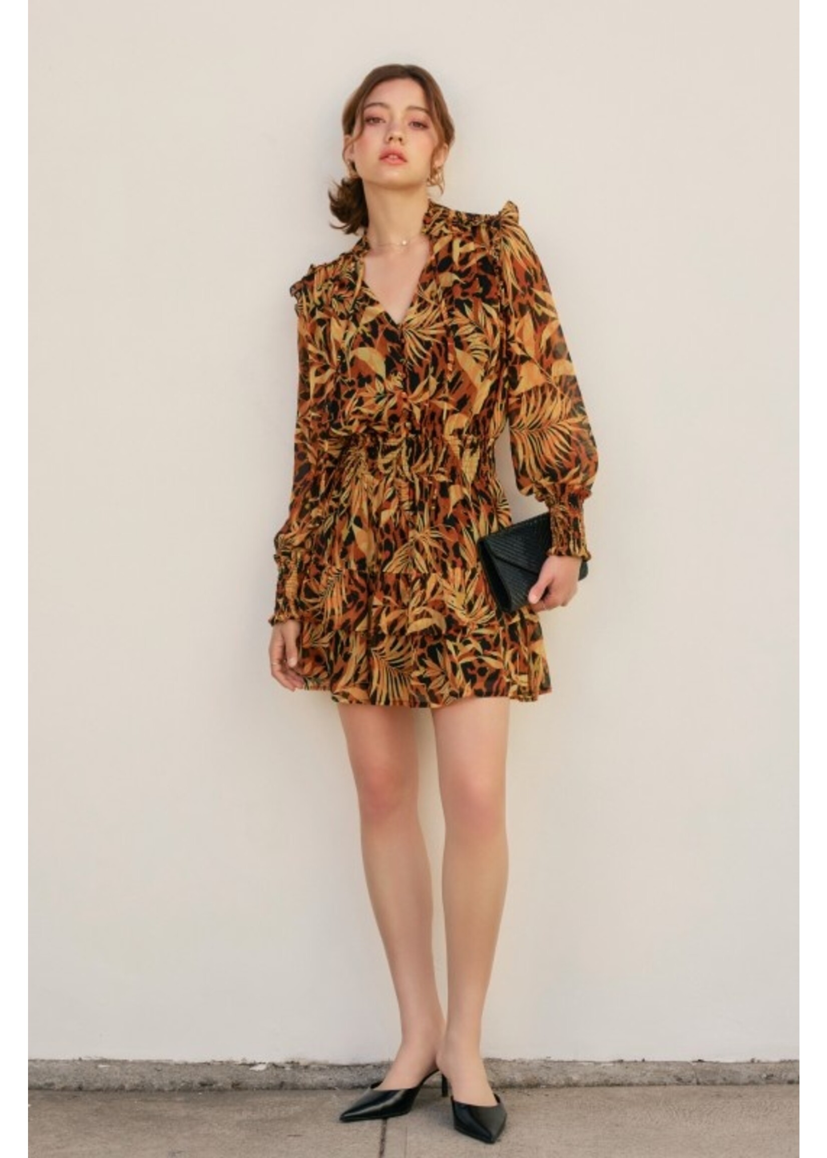 Palm Trees Shirred Waist Mini Dress Orange/Navy