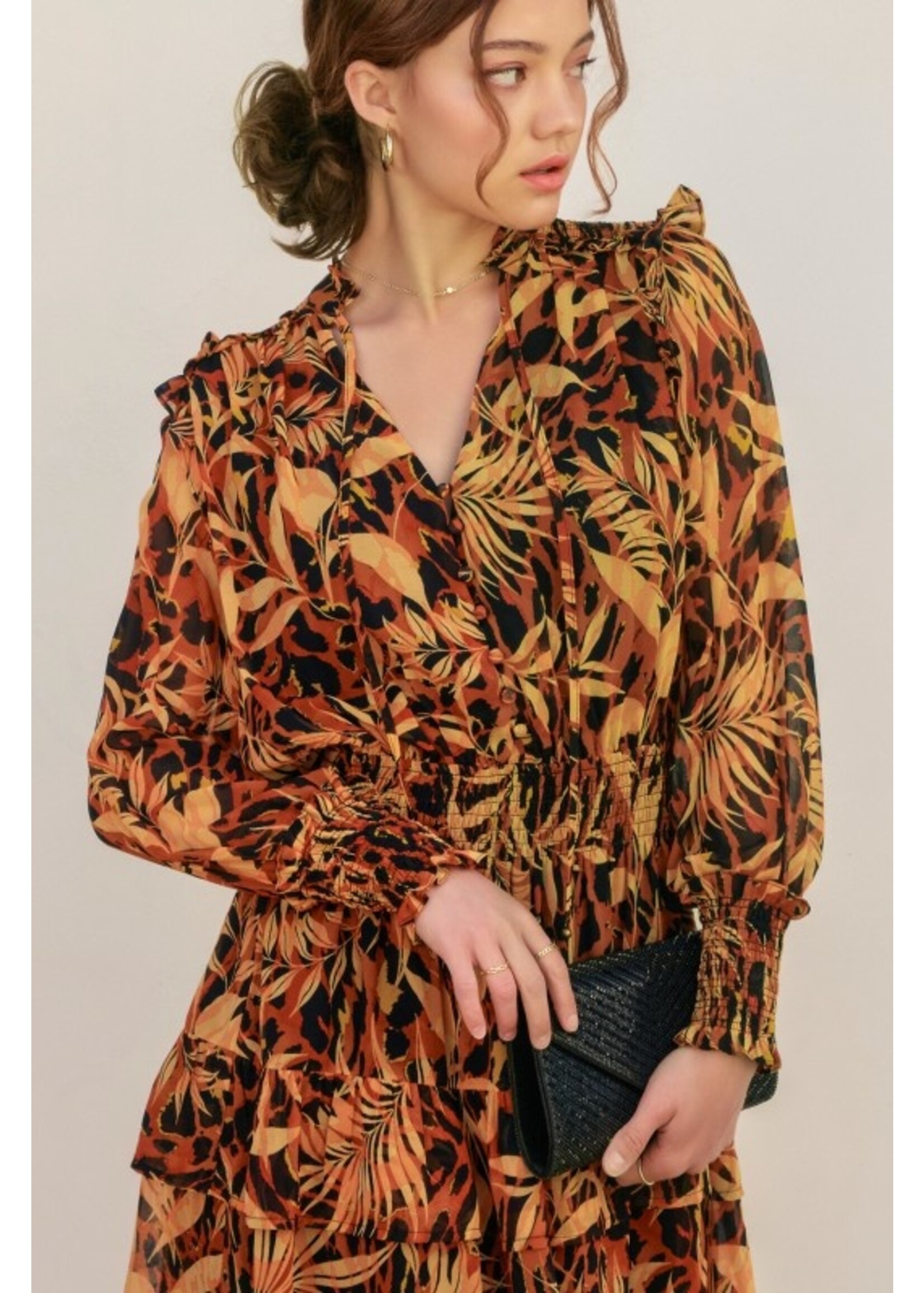Palm Trees Shirred Waist Mini Dress Orange/Navy