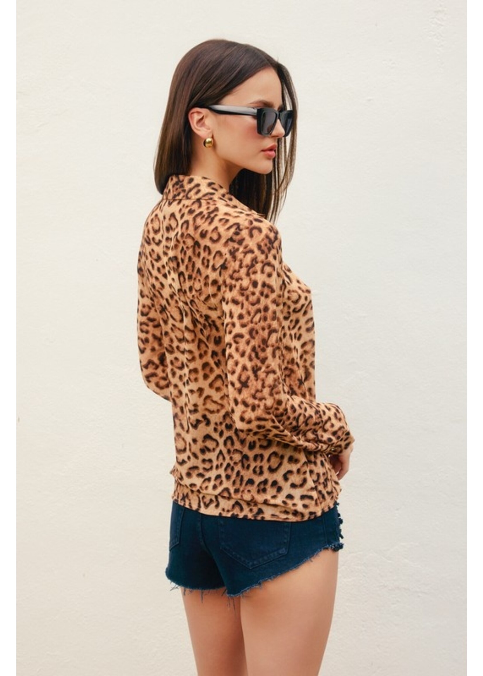 Running Toward Long Sleeve Collared Blouse Leopard