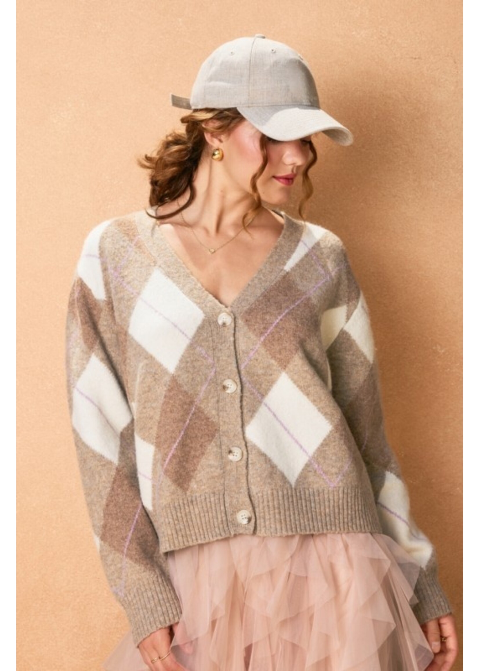 As If Argyle V-Neck Cardigan Taupe Combo