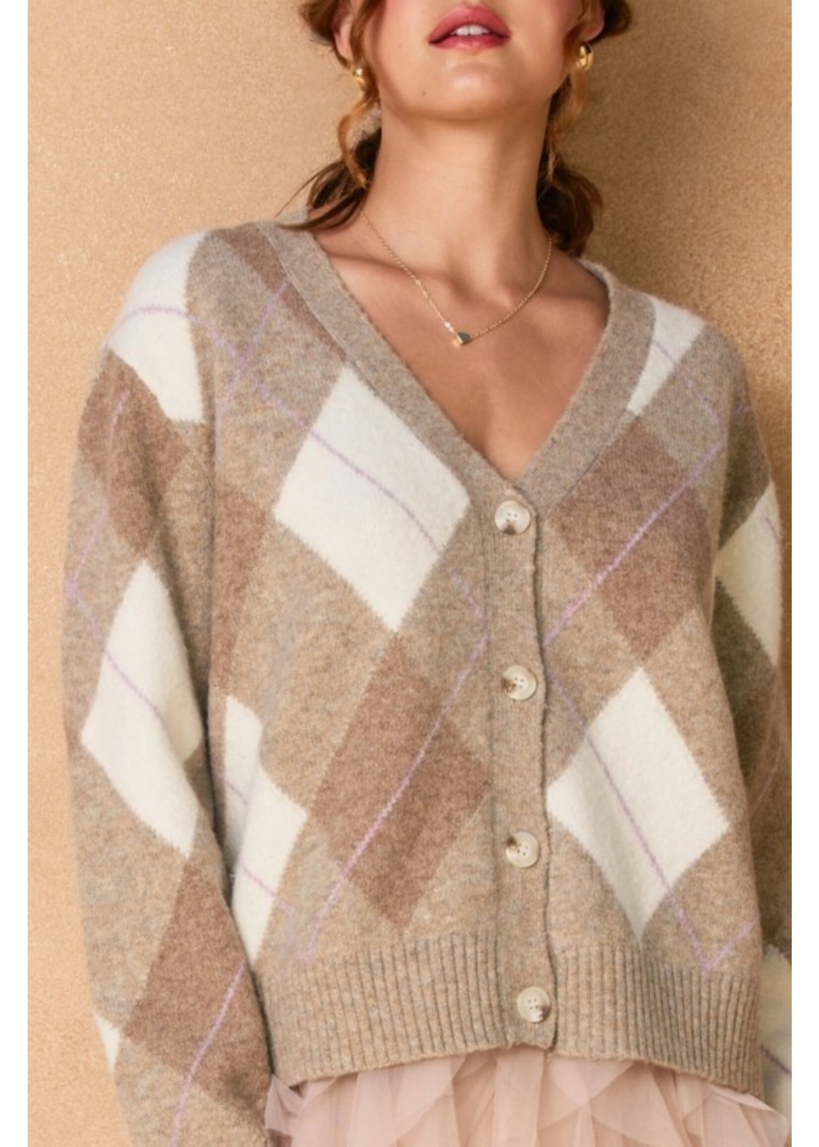 As If Argyle V-Neck Cardigan Taupe Combo