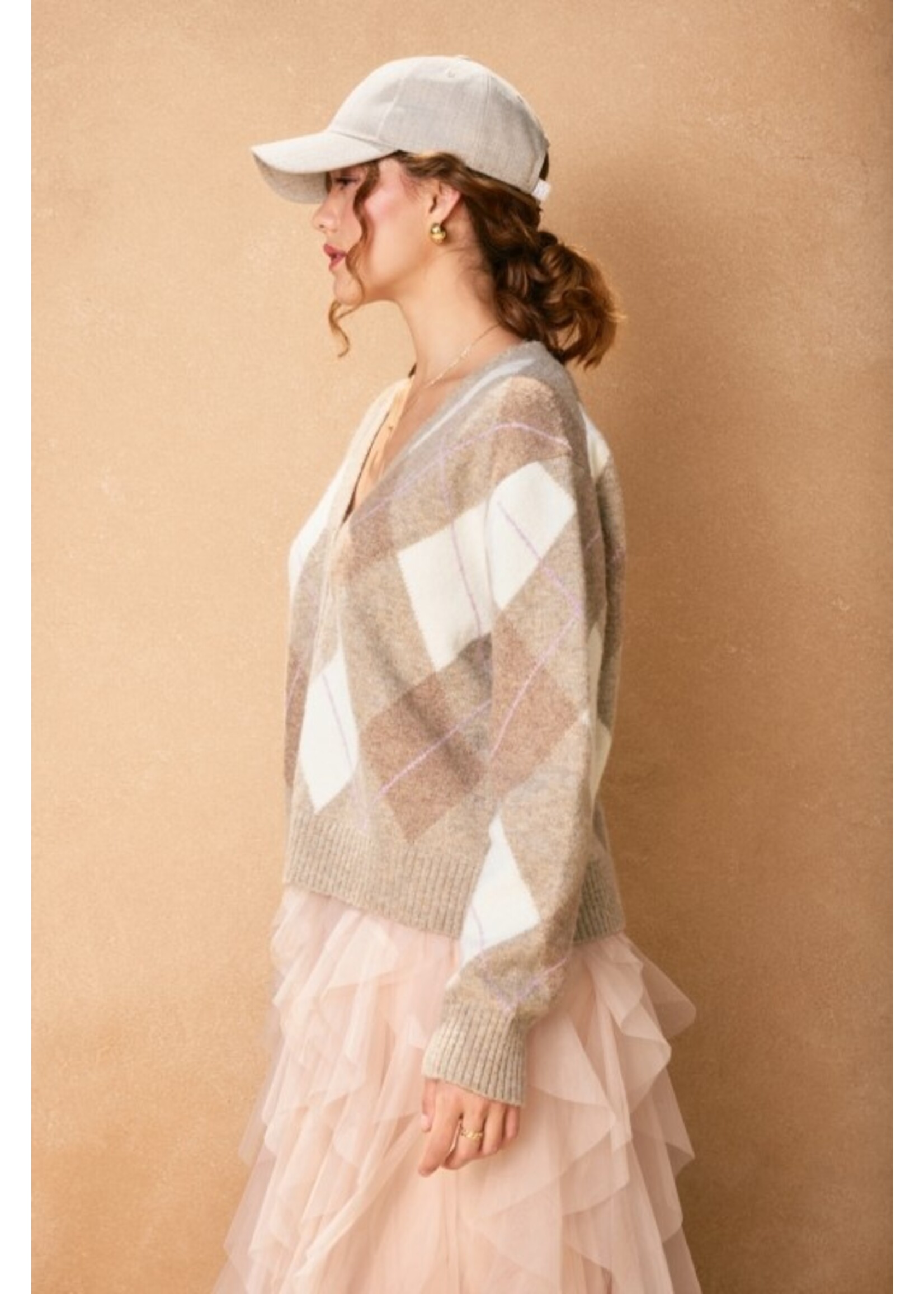 As If Argyle V-Neck Cardigan Taupe Combo