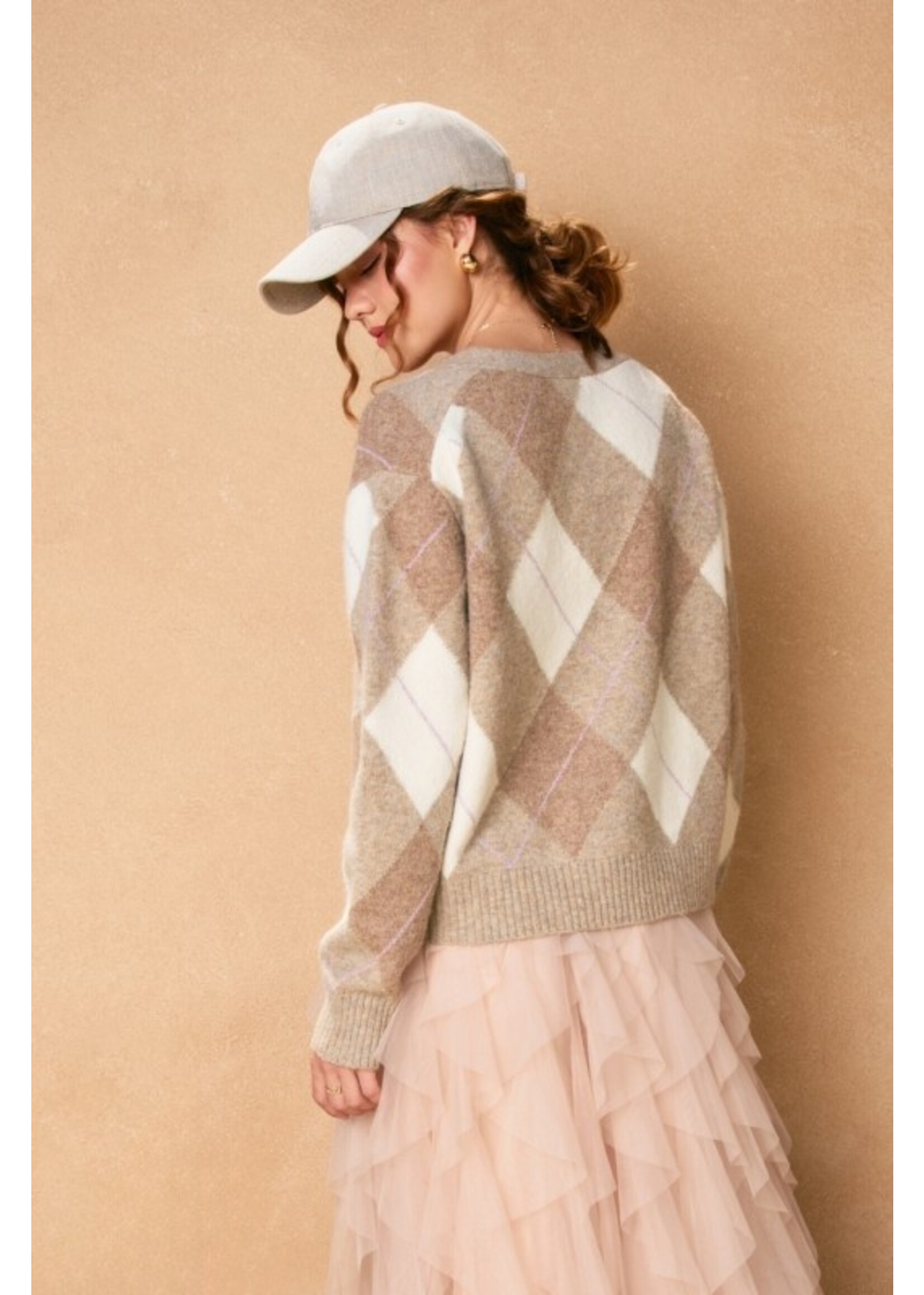 As If Argyle V-Neck Cardigan Taupe Combo