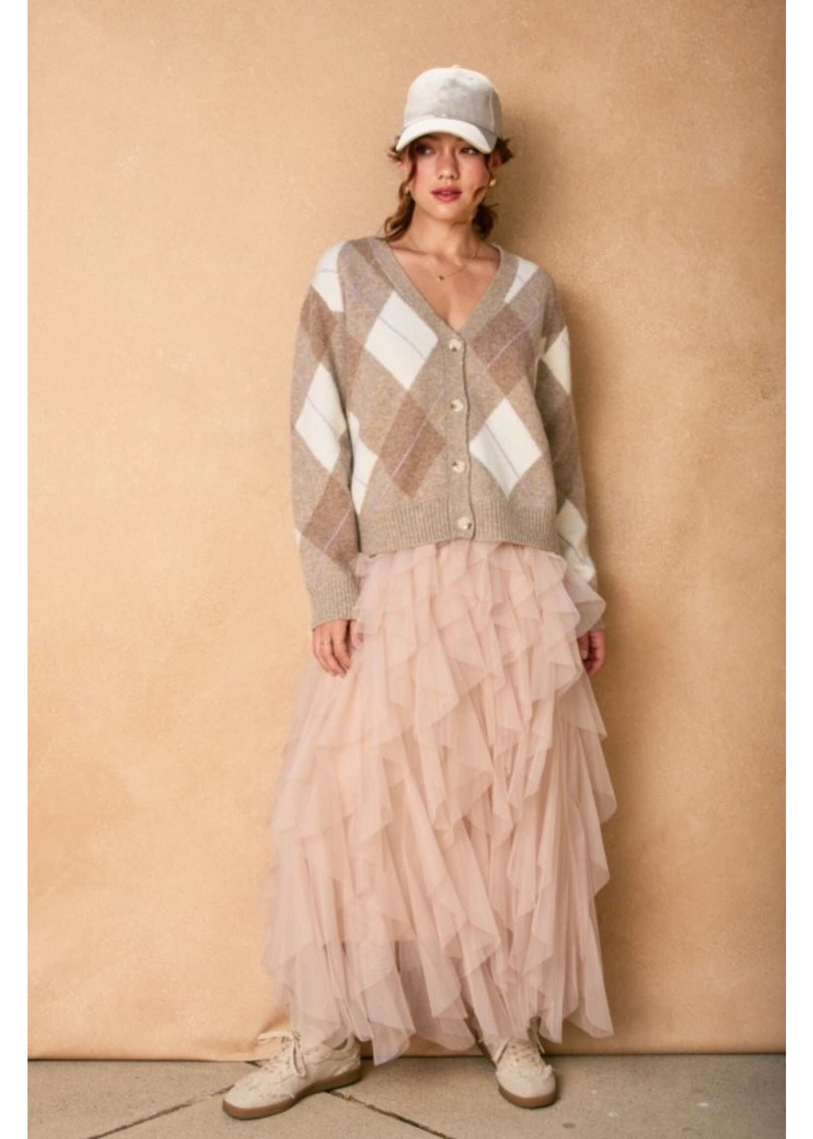 As If Argyle V-Neck Cardigan Taupe Combo
